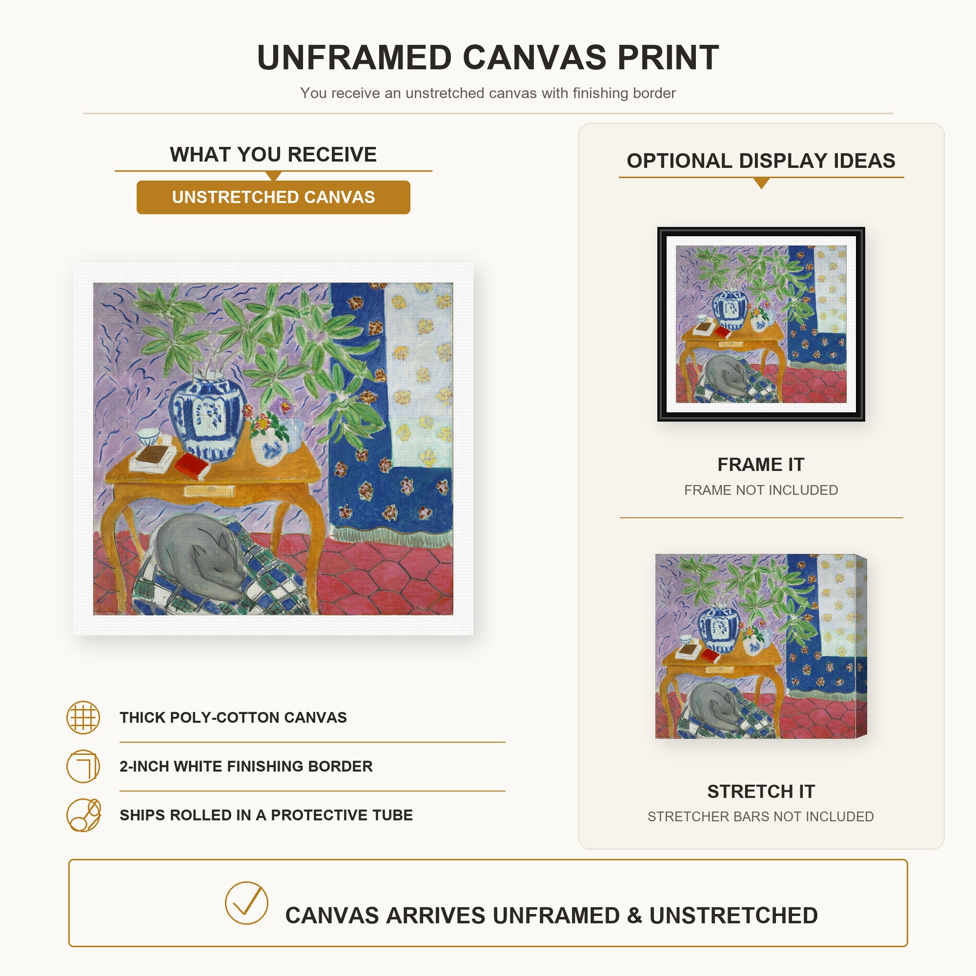 Henri Matisse - Interior with Dog canvas print size comparison and framing display infographic