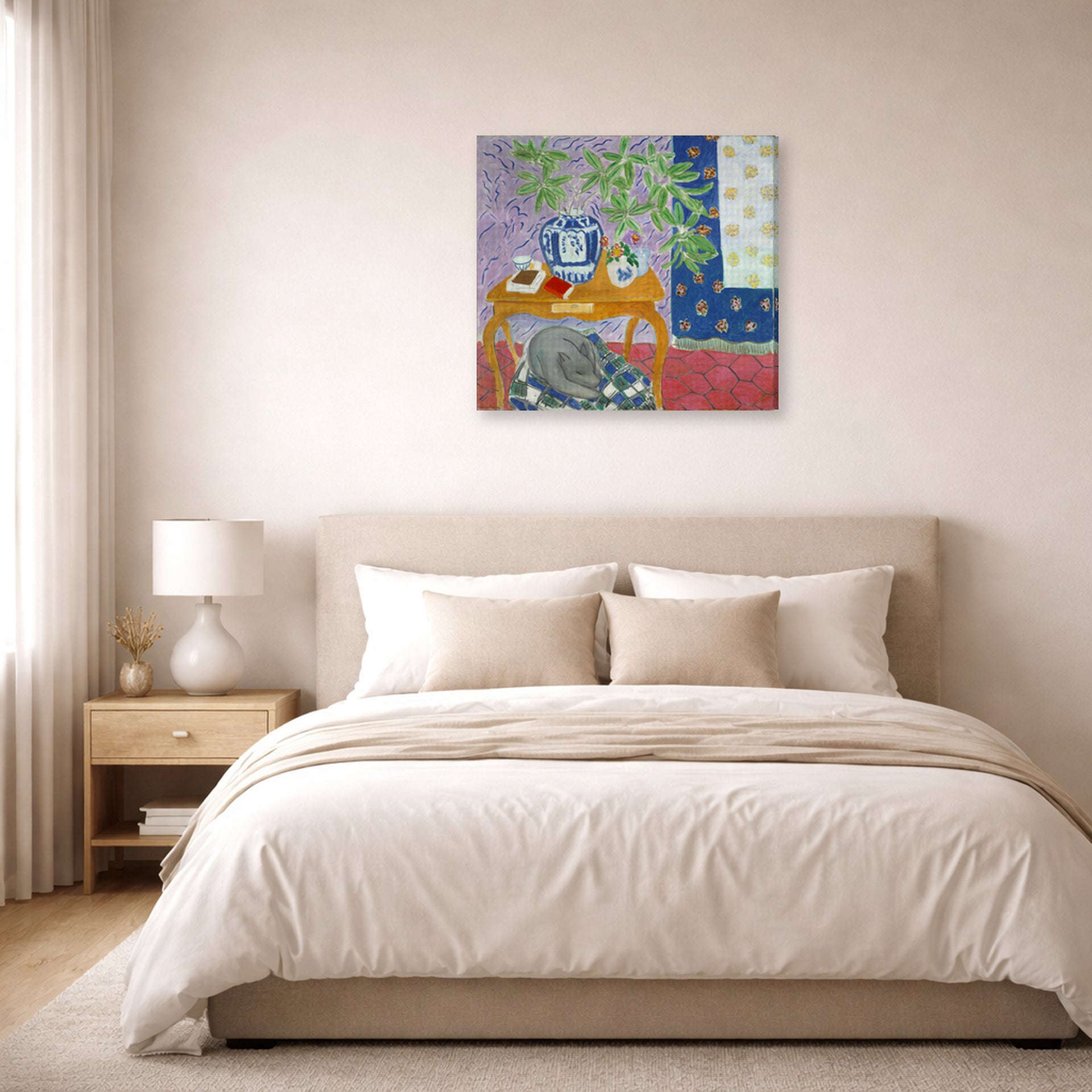 Gallery-wrapped canvas print of Henri Matisse's Interior with Dog hanging above a bed in a bedroom