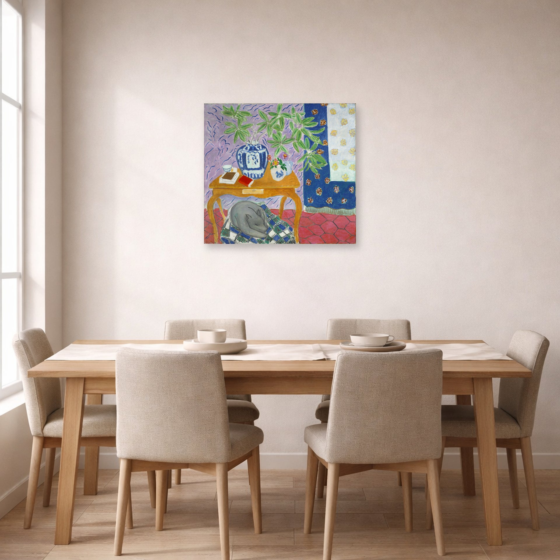 Unframed poster print of Henri Matisse's Interior with Dog displayed on a dining room wall