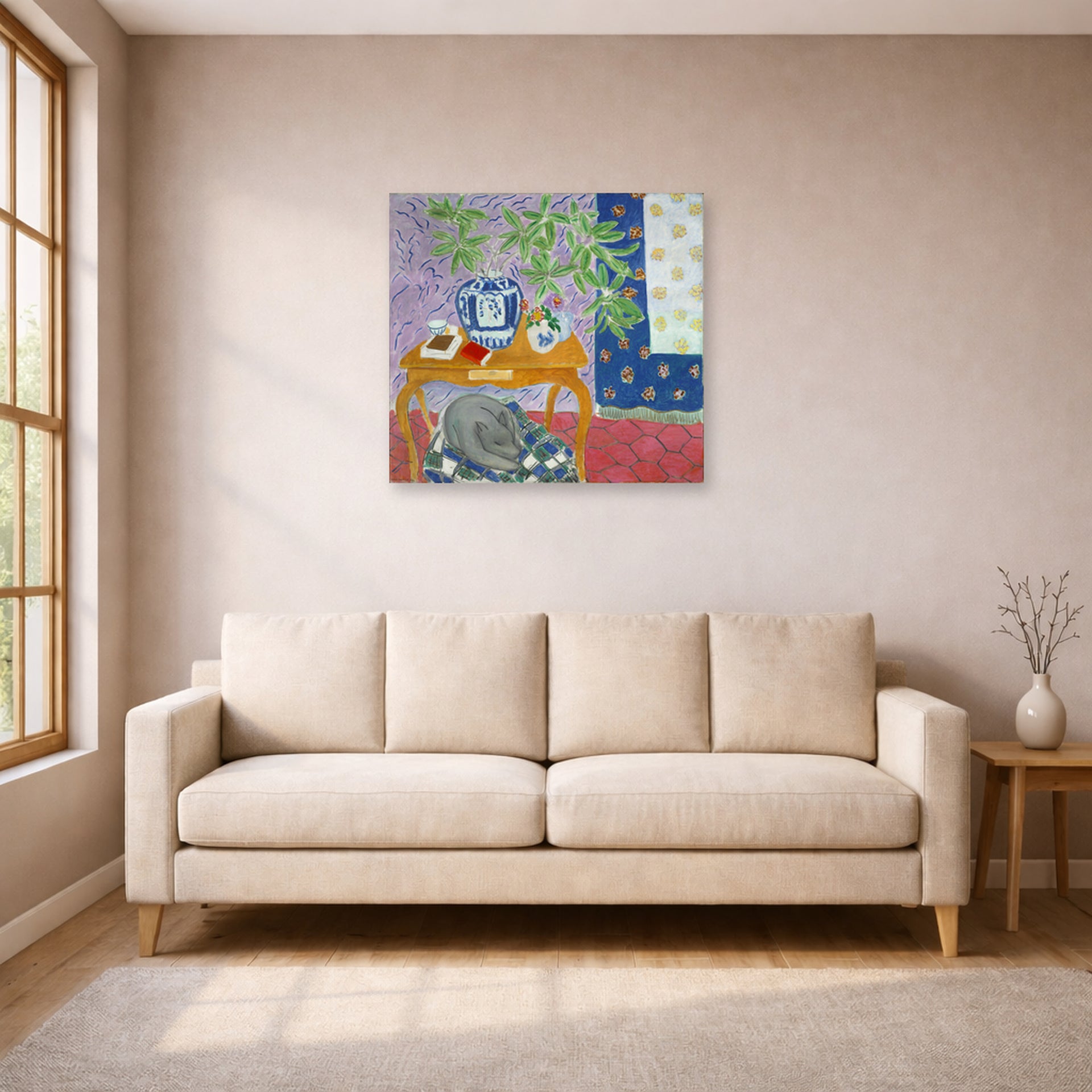 Unframed poster print of Henri Matisse's Interior with Dog displayed in a living room, view 1