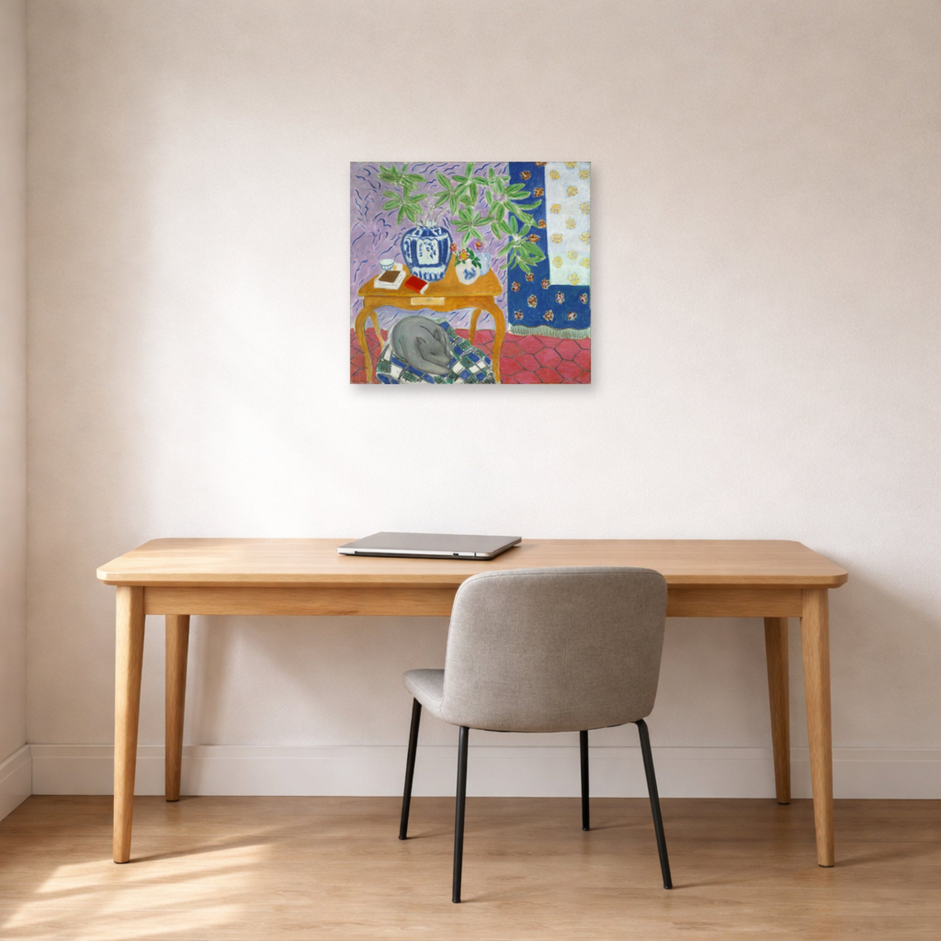 Unframed poster print of Henri Matisse's Interior with Dog displayed in a home office