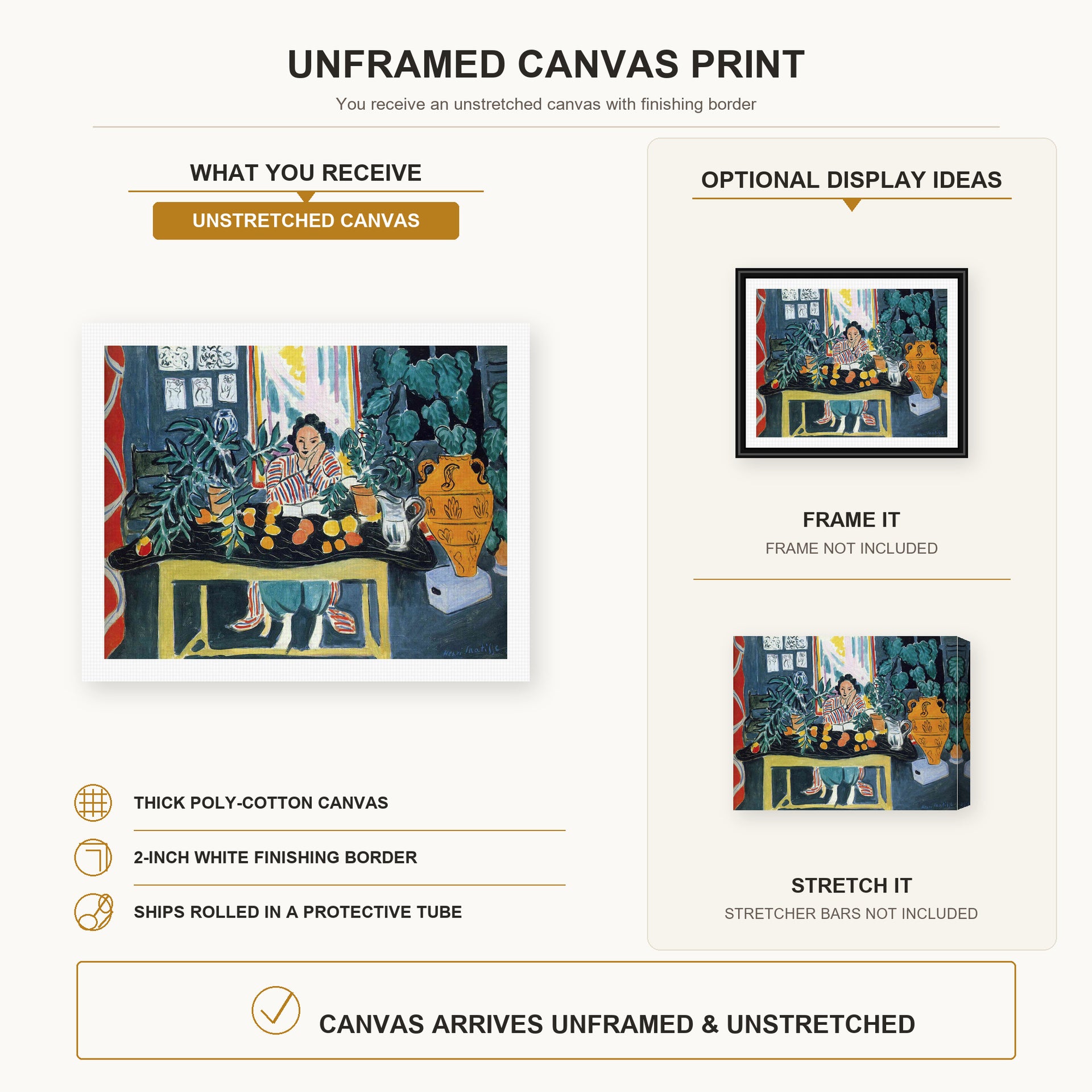 Henri Matisse - Interior with Etruscan Vase canvas print size comparison and framing display infographic