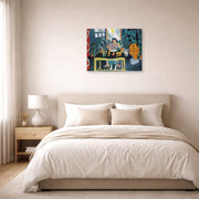 Gallery-wrapped canvas print of Henri Matisse's Interior with Etruscan Vase hanging above a bed in a bedroom