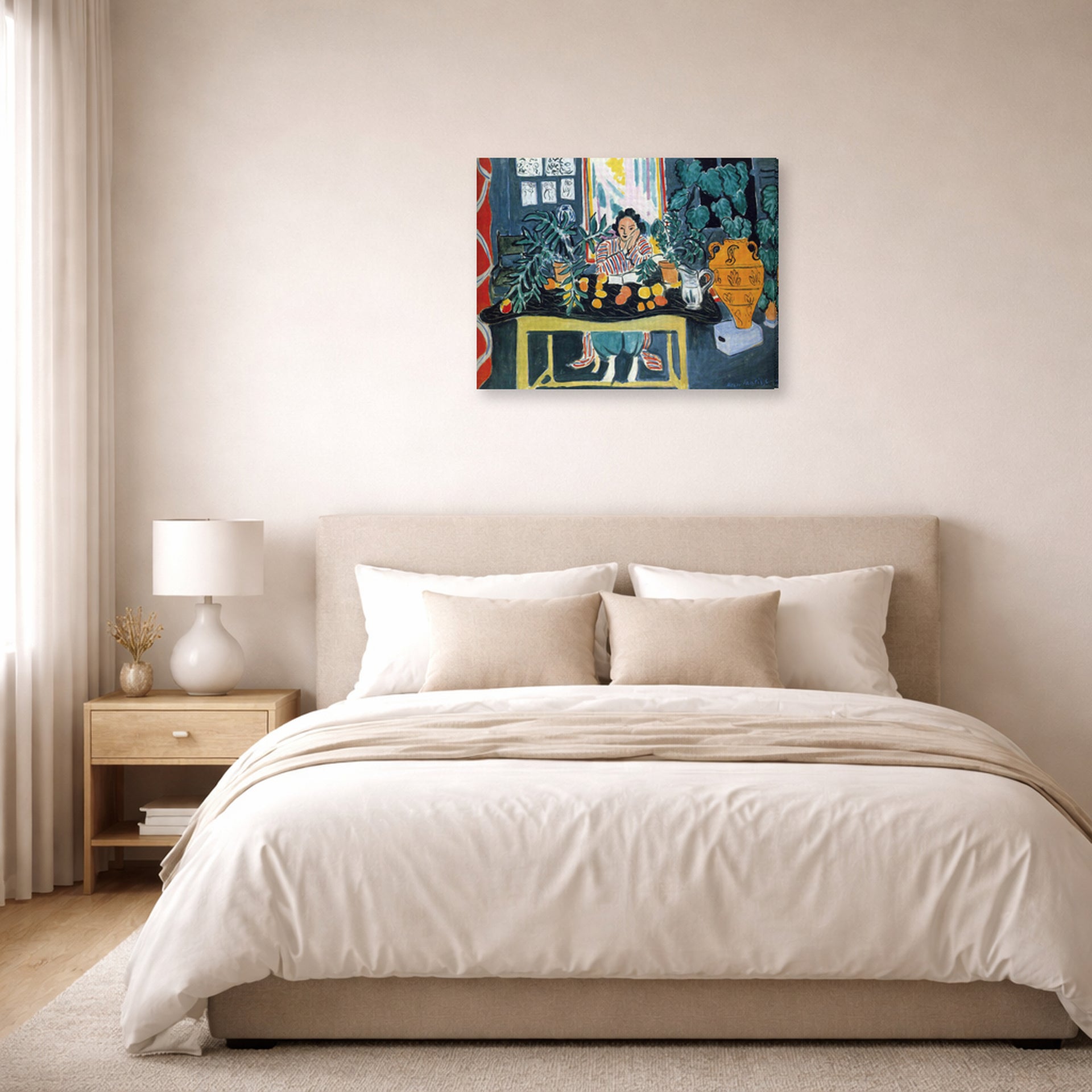 Gallery-wrapped canvas print of Henri Matisse's Interior with Etruscan Vase hanging above a bed in a bedroom
