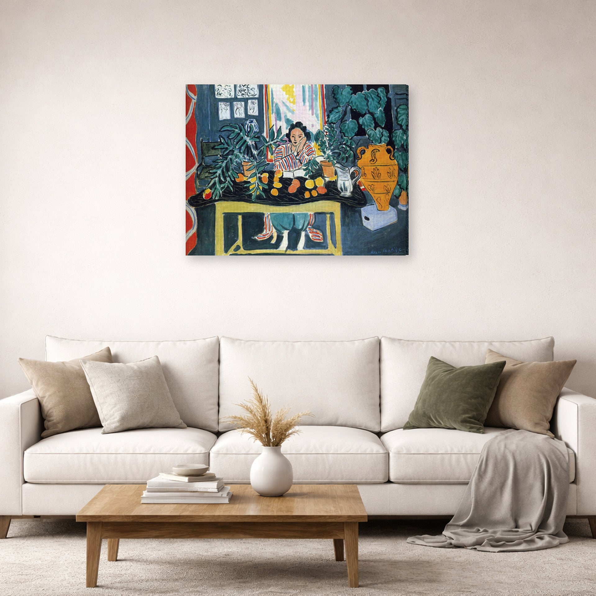 Gallery-wrapped canvas print of Henri Matisse's Interior with Etruscan Vase hanging in a living room, view 2