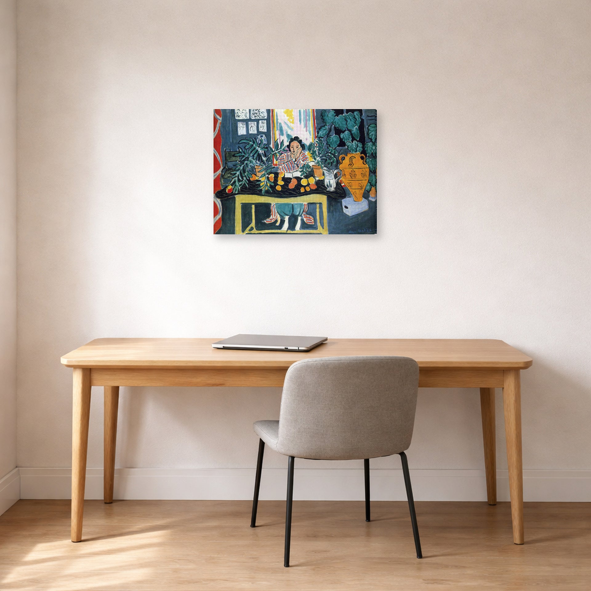 Gallery-wrapped canvas print of Henri Matisse's Interior with Etruscan Vase hanging in a home office
