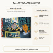 Henri Matisse - Interior with Etruscan Vase gallery wrap canvas construction and hanging details infographic