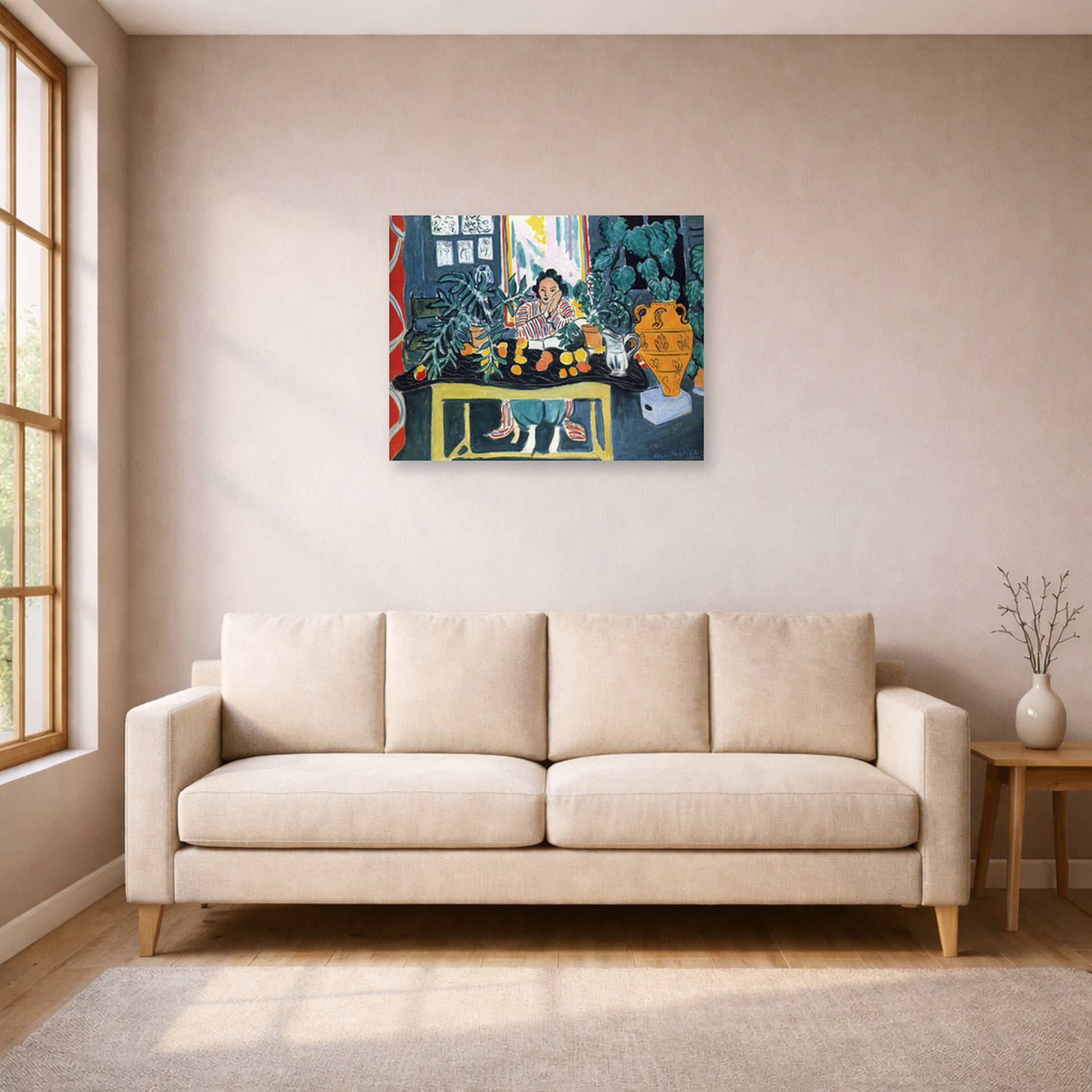 Unframed poster print of Henri Matisse's Interior with Etruscan Vase displayed in a living room, view 1