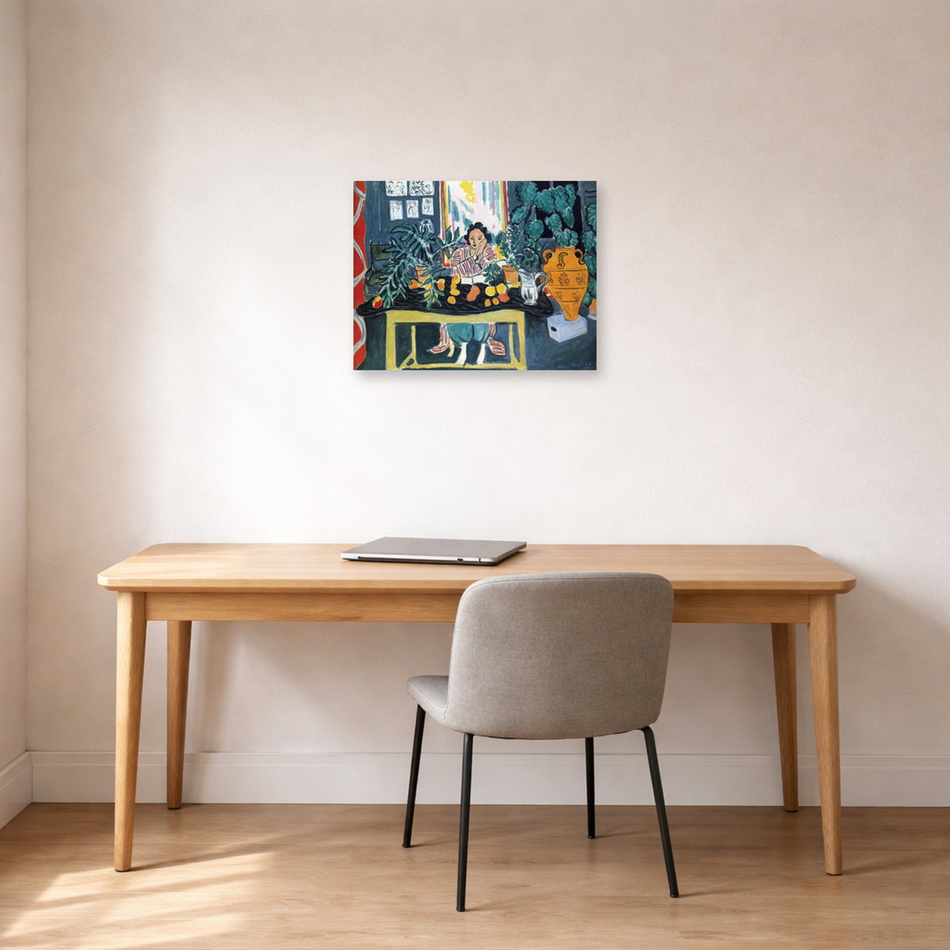 Unframed poster print of Henri Matisse's Interior with Etruscan Vase displayed in a home office