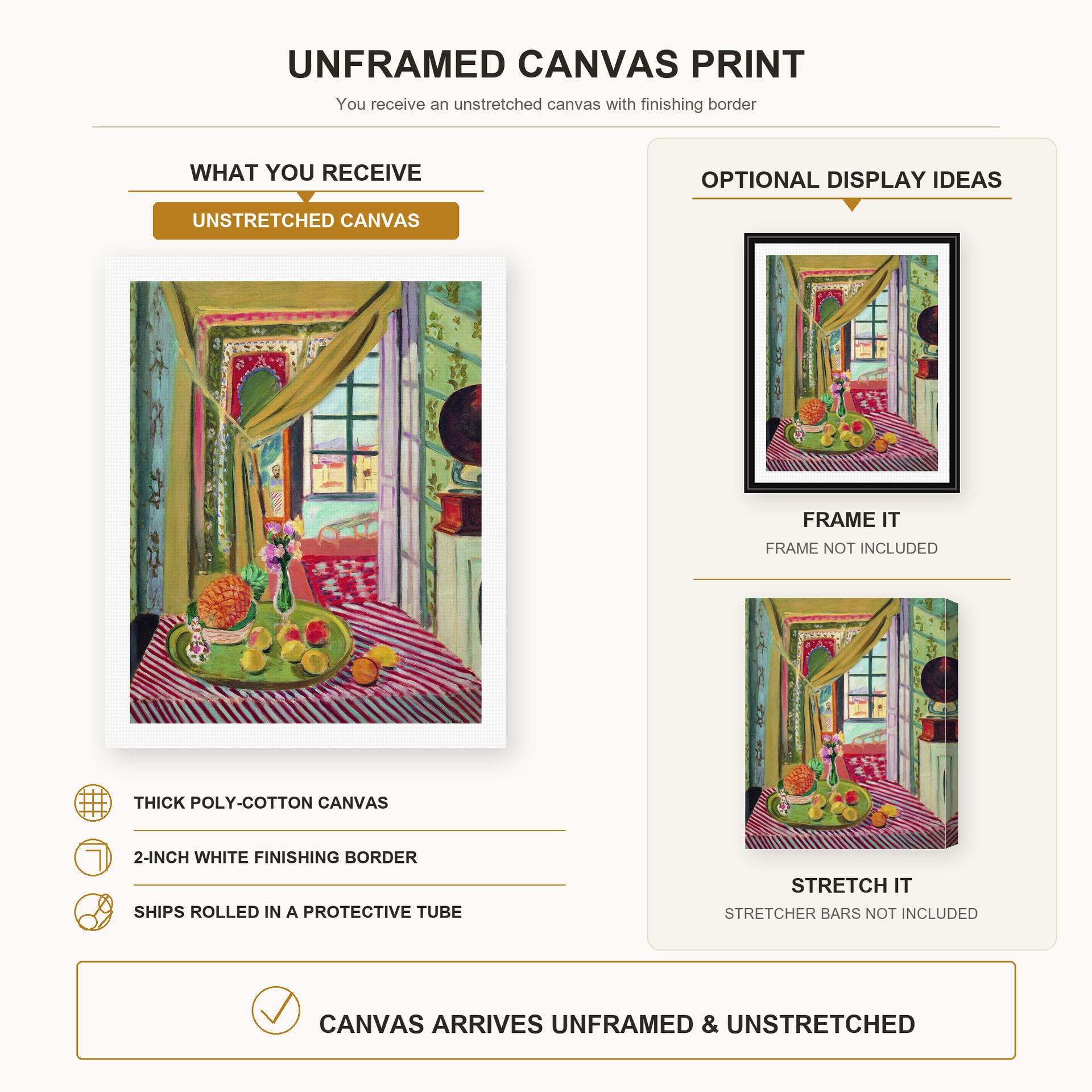 Henri Matisse - Interior with Phonograph canvas print size comparison and framing display infographic