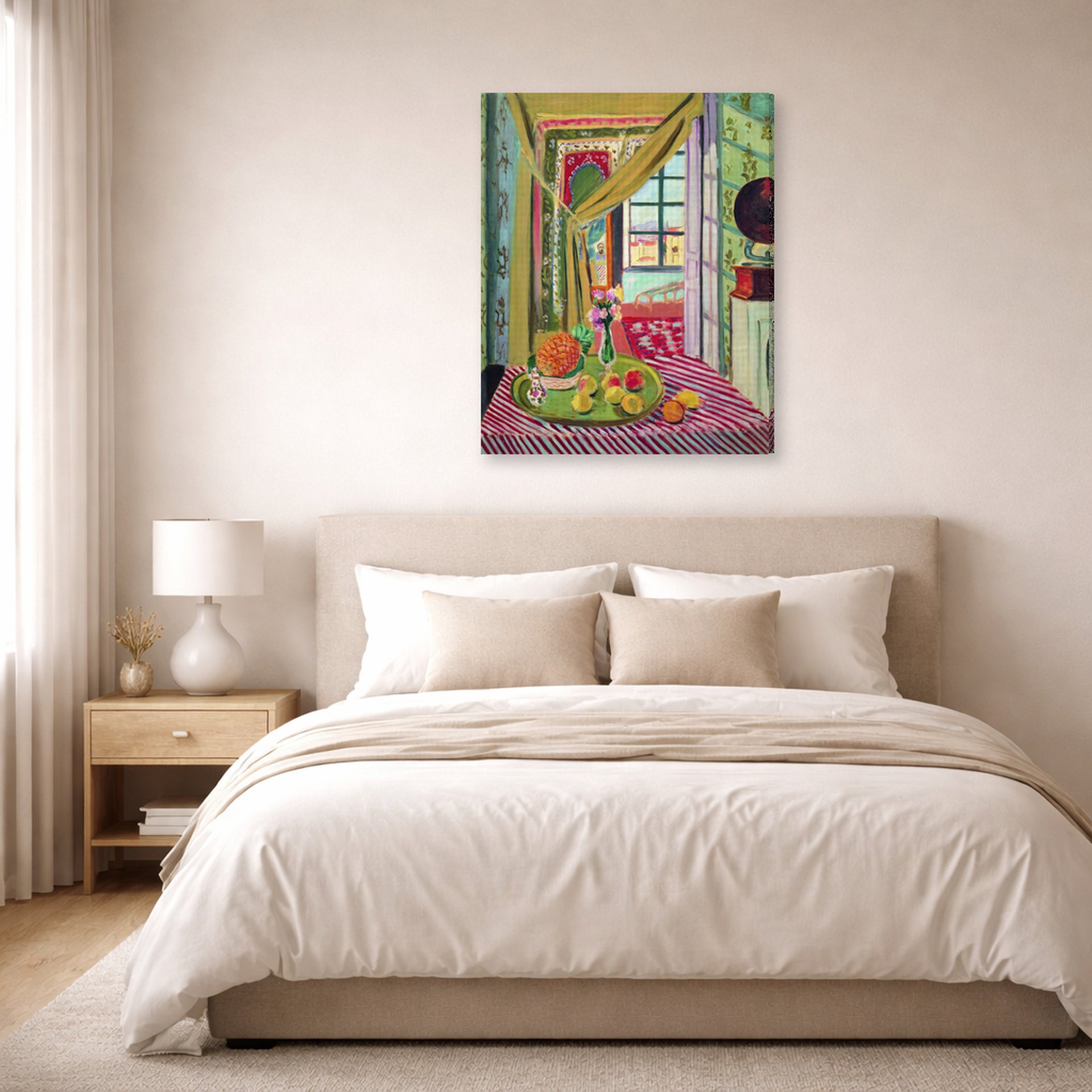 Gallery-wrapped canvas print of Henri Matisse's Interior with Phonograph hanging above a bed in a bedroom