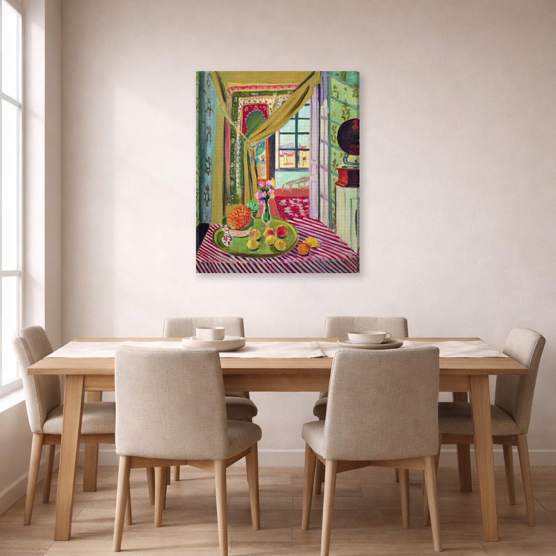 Gallery-wrapped canvas print of Henri Matisse's Interior with Phonograph hanging on a dining room wall