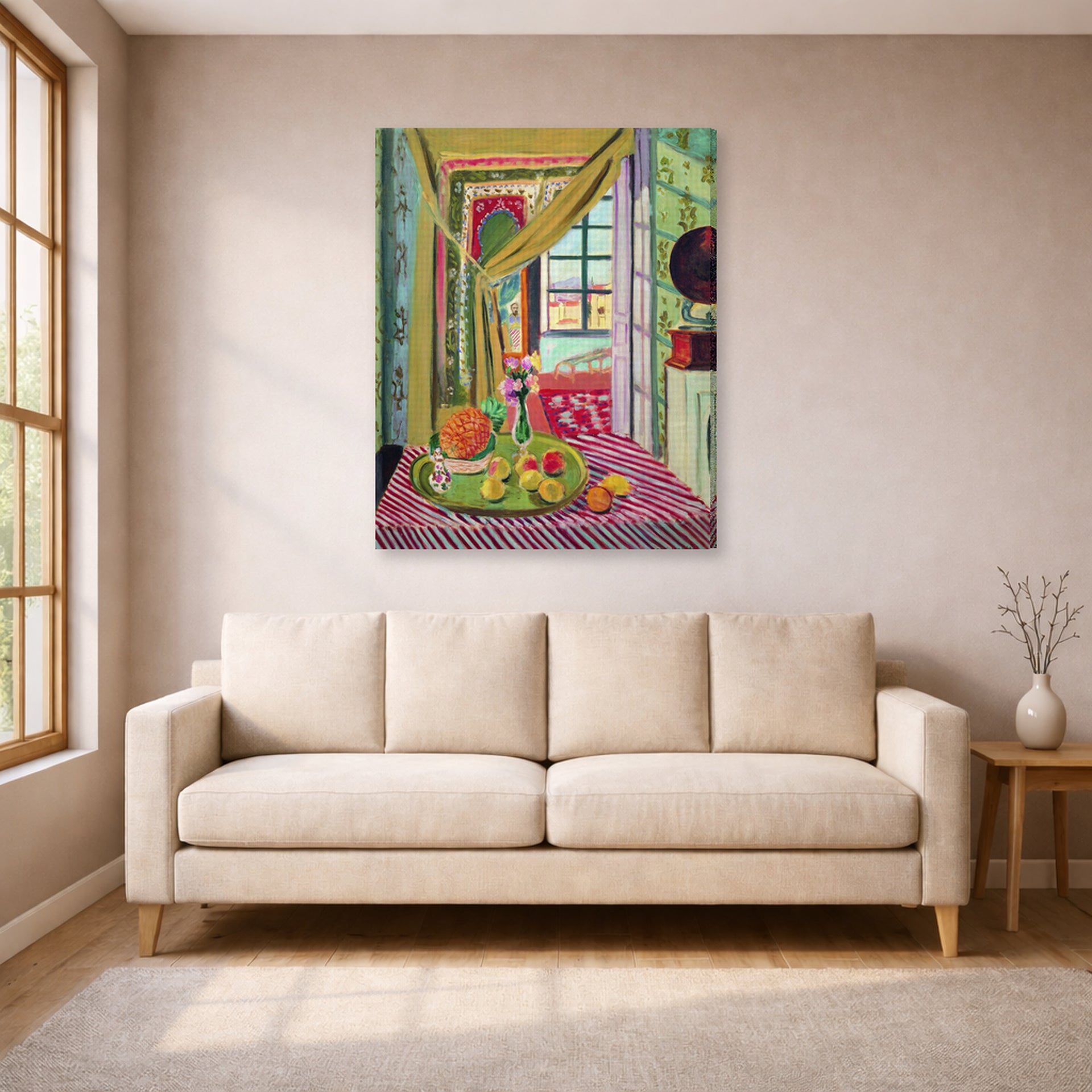Gallery-wrapped canvas print of Henri Matisse's Interior with Phonograph hanging in a living room, view 1