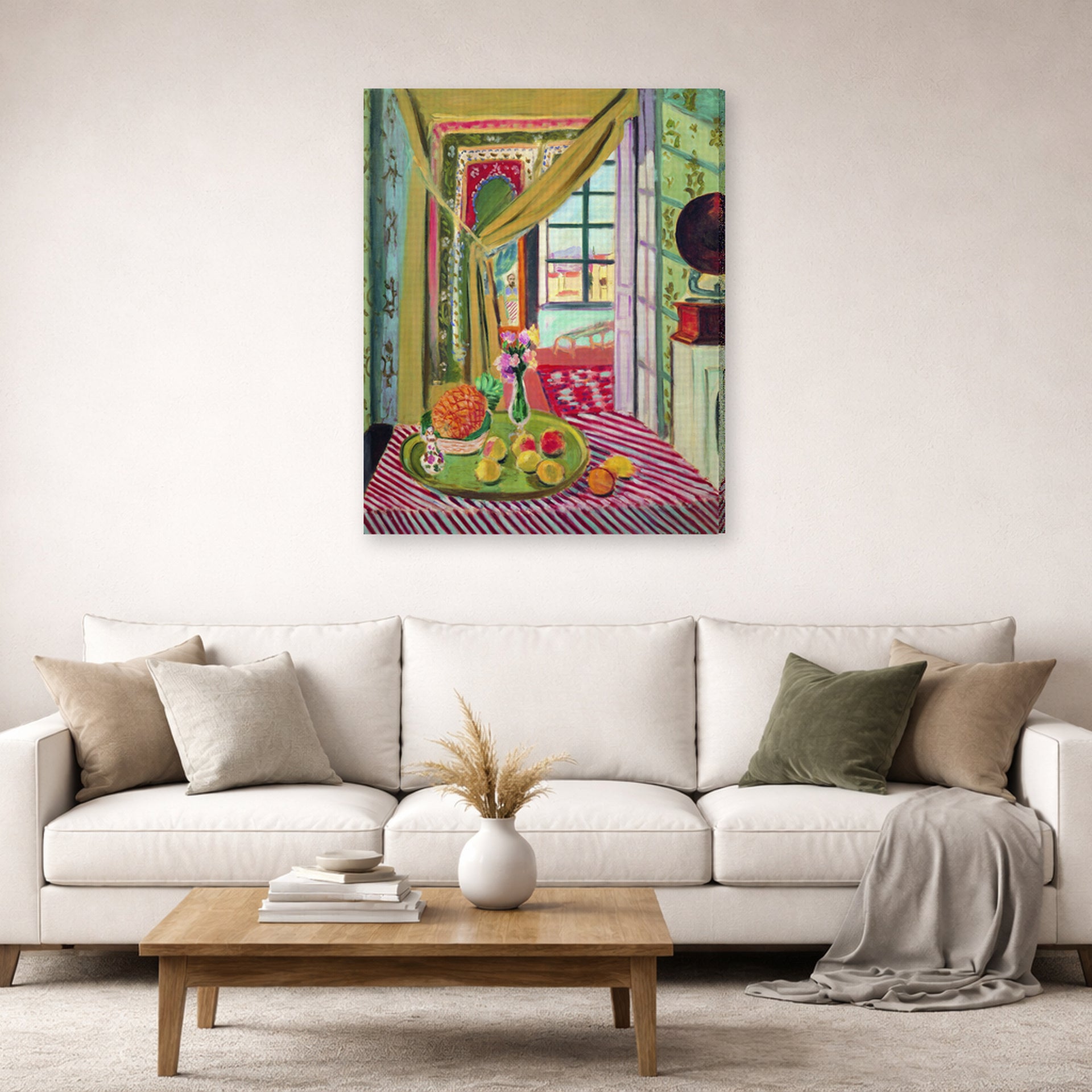 Gallery-wrapped canvas print of Henri Matisse's Interior with Phonograph hanging in a living room, view 2