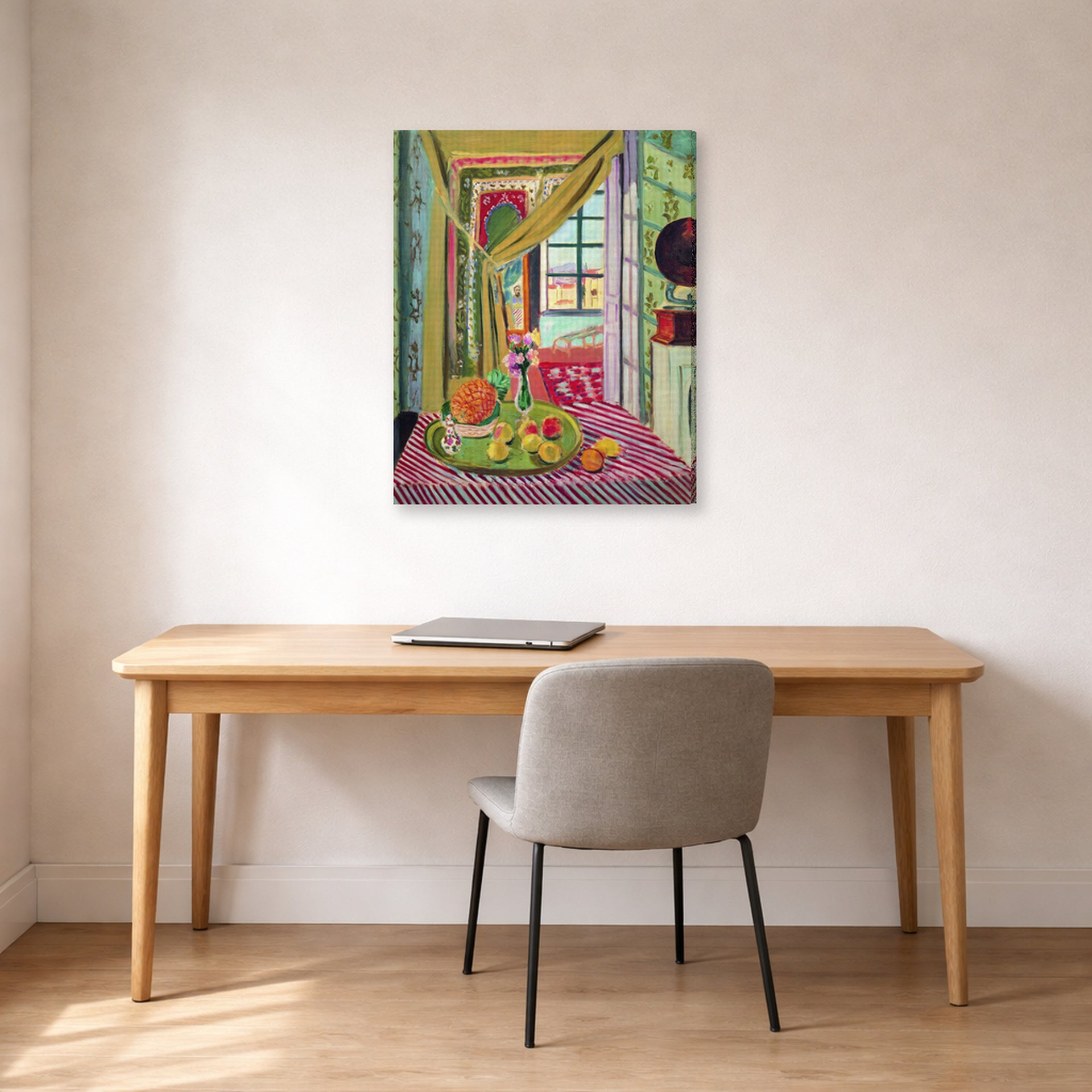 Gallery-wrapped canvas print of Henri Matisse's Interior with Phonograph hanging in a home office