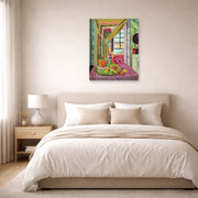 Unframed poster print of Henri Matisse's Interior with Phonograph displayed above a bed in a bedroom