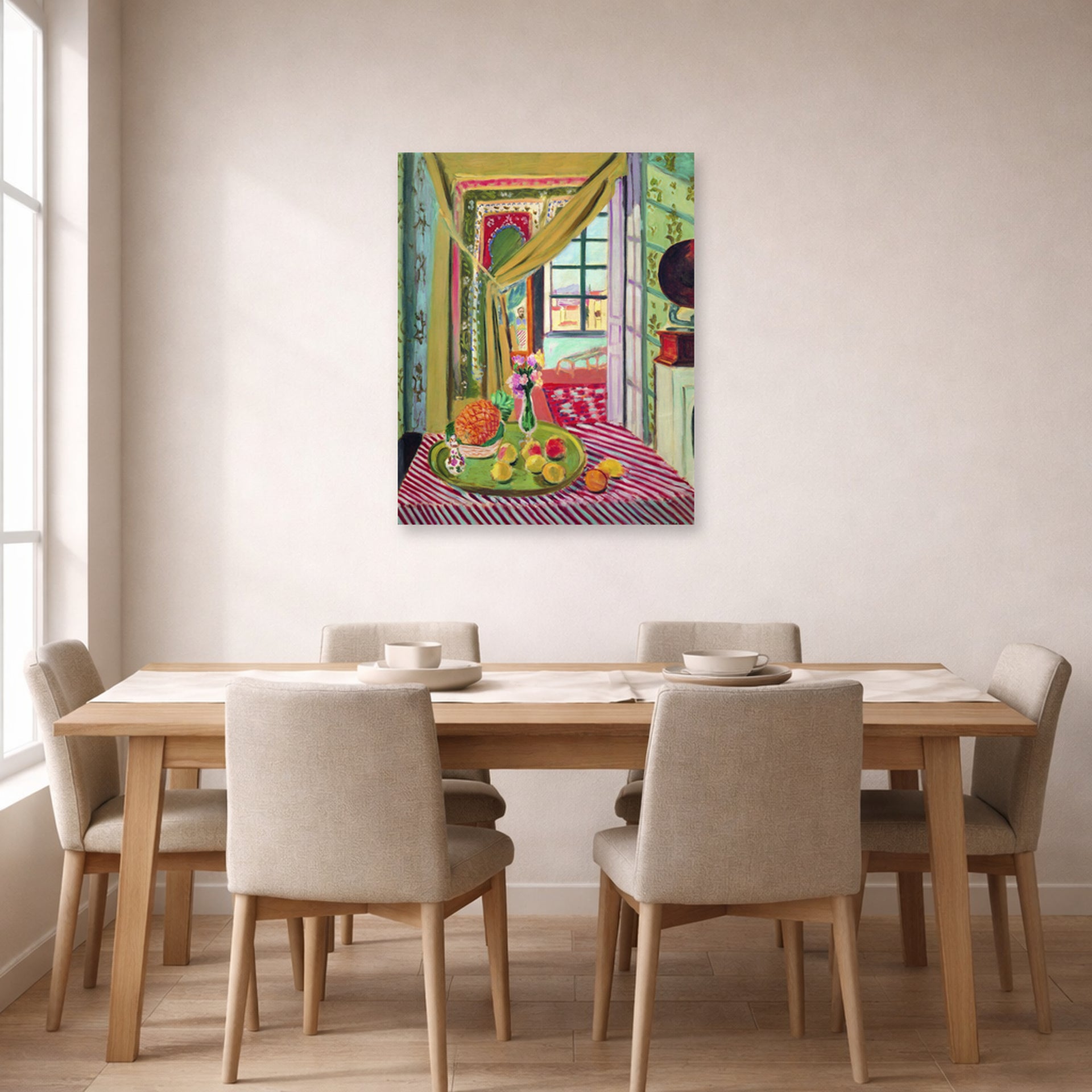 Unframed poster print of Henri Matisse's Interior with Phonograph displayed on a dining room wall