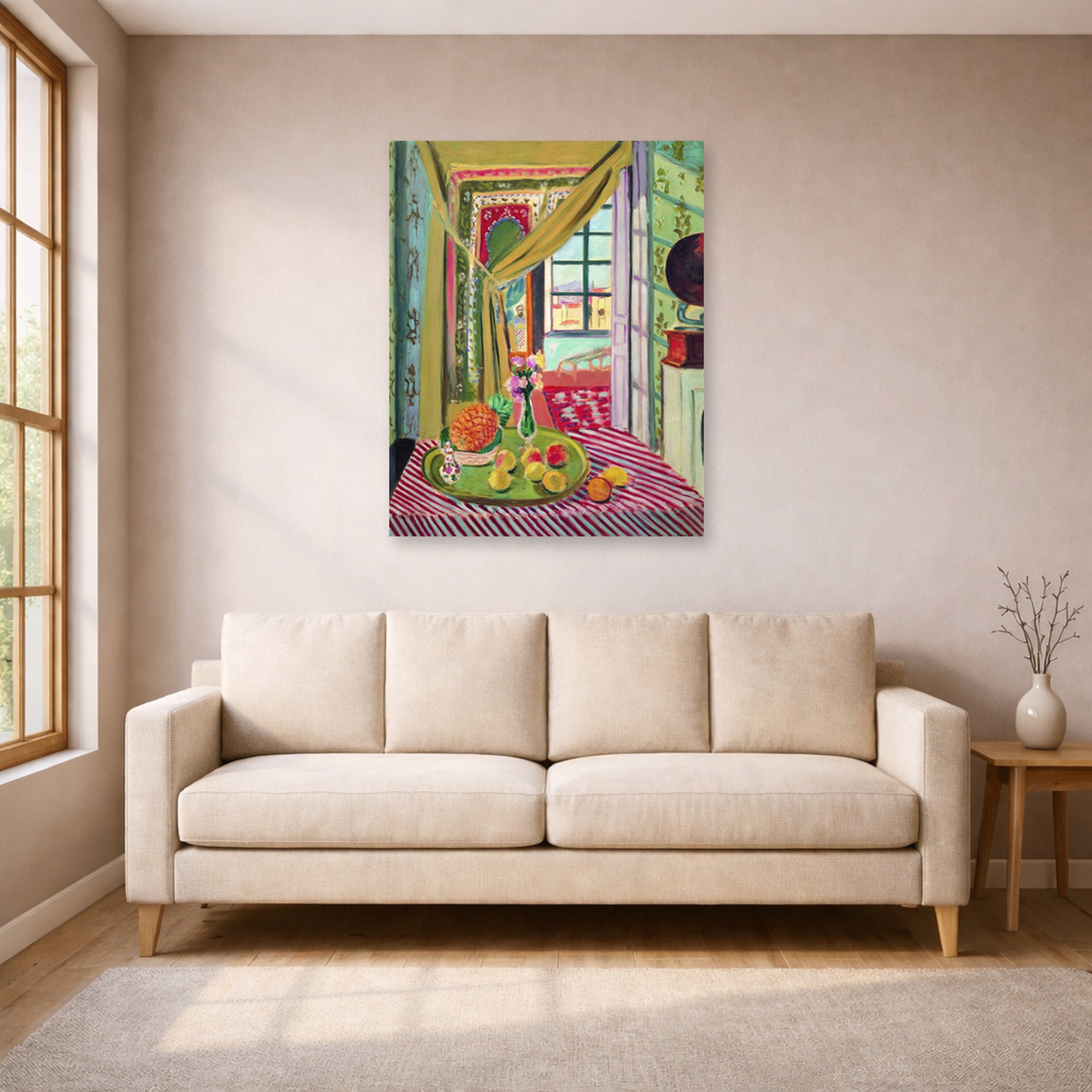 Unframed poster print of Henri Matisse's Interior with Phonograph displayed in a living room, view 1