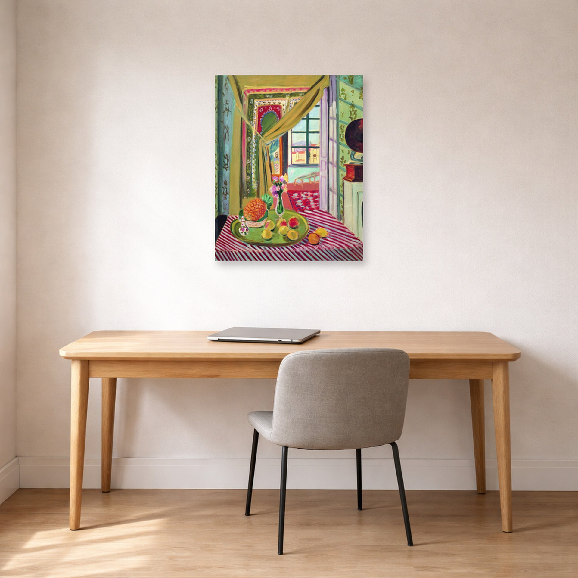 Unframed poster print of Henri Matisse's Interior with Phonograph displayed in a home office