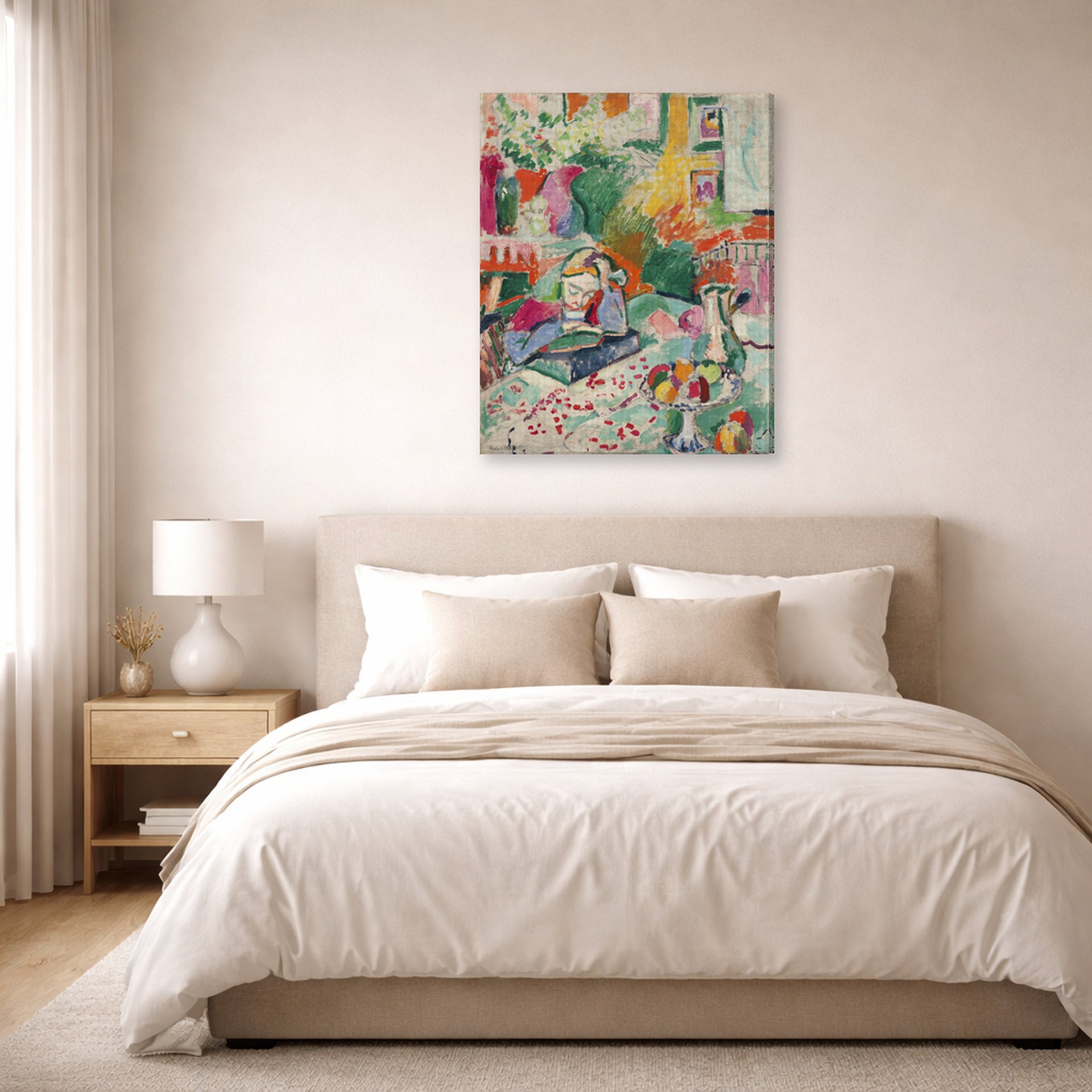 Gallery-wrapped canvas print of Henri Matisse's Interior with a Girl Reading hanging above a bed in a bedroom