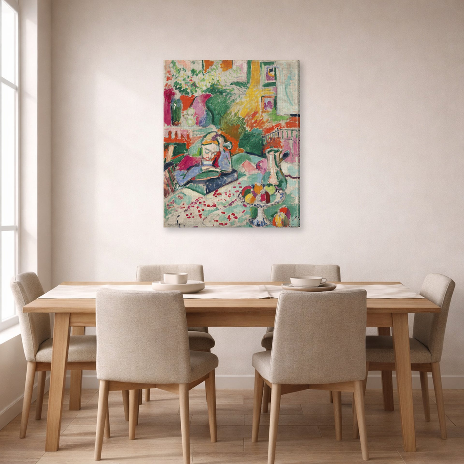 Gallery-wrapped canvas print of Henri Matisse's Interior with a Girl Reading hanging on a dining room wall