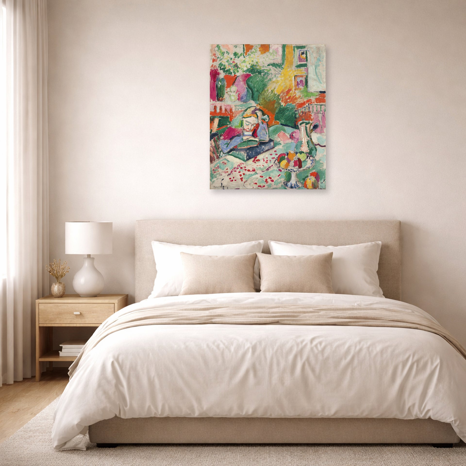 Unframed poster print of Henri Matisse's Interior with a Girl Reading displayed above a bed in a bedroom
