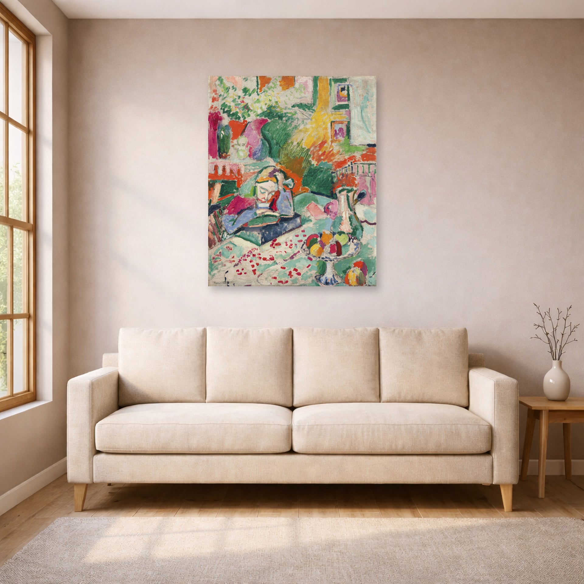 Unframed poster print of Henri Matisse's Interior with a Girl Reading displayed in a living room, view 1