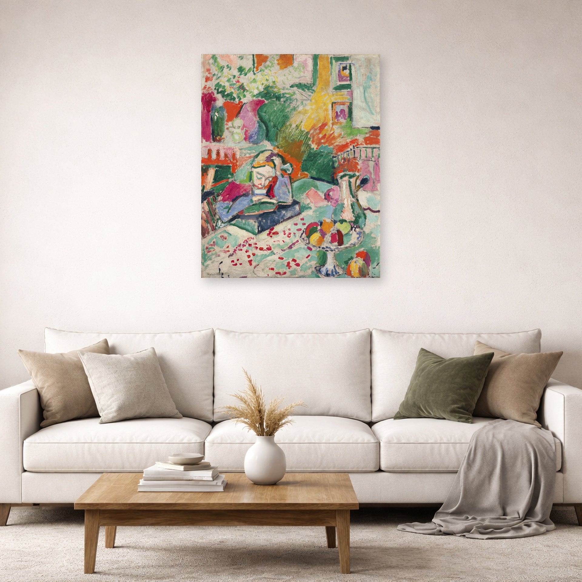 Unframed poster print of Henri Matisse's Interior with a Girl Reading displayed in a living room, view 2