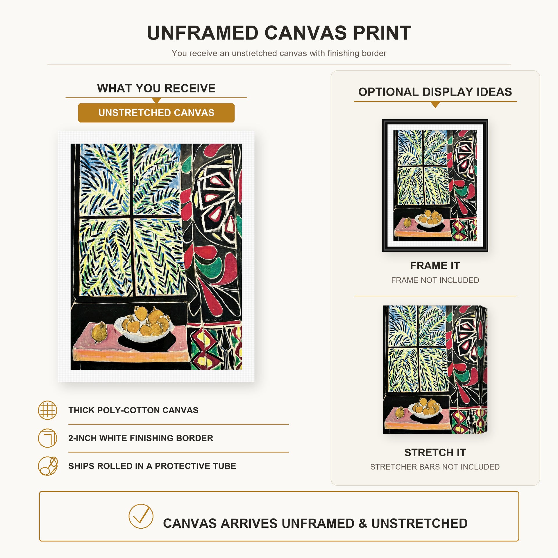 Henri Matisse - Interior with an Egyptian Curtain canvas print size comparison and framing display infographic