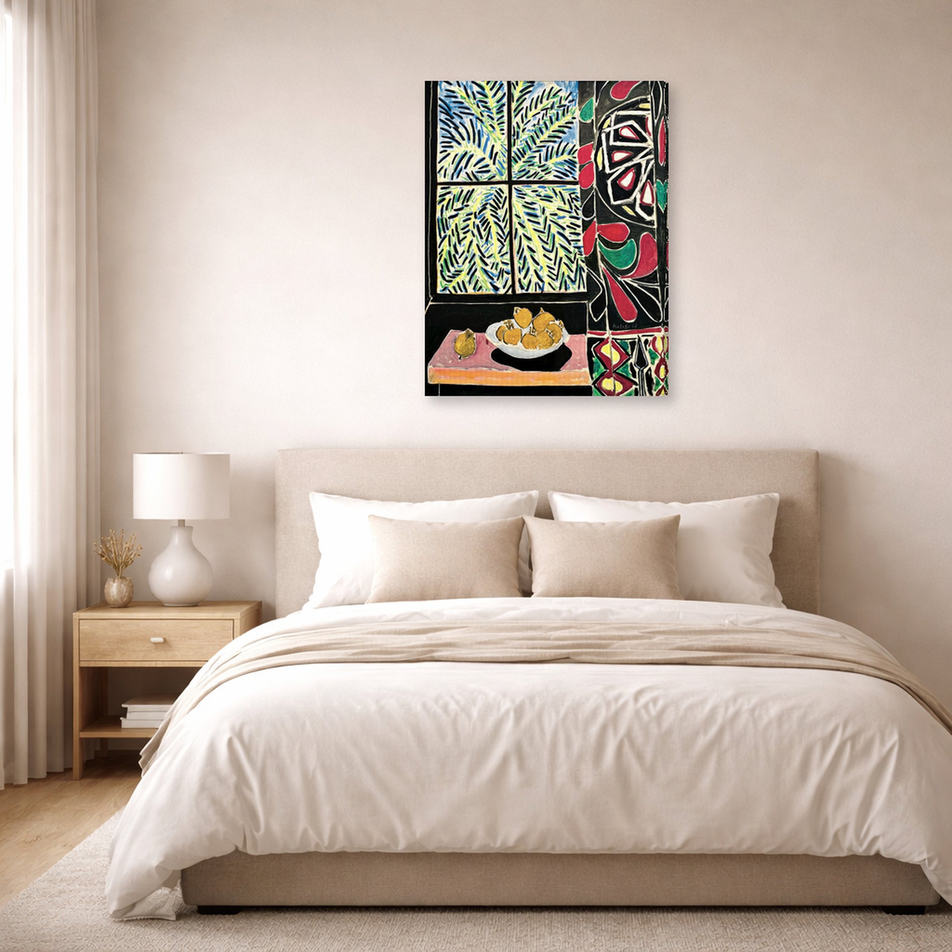 Gallery-wrapped canvas print of Henri Matisse's Interior with an Egyptian Curtain hanging above a bed in a bedroom