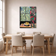 Gallery-wrapped canvas print of Henri Matisse's Interior with an Egyptian Curtain hanging on a dining room wall