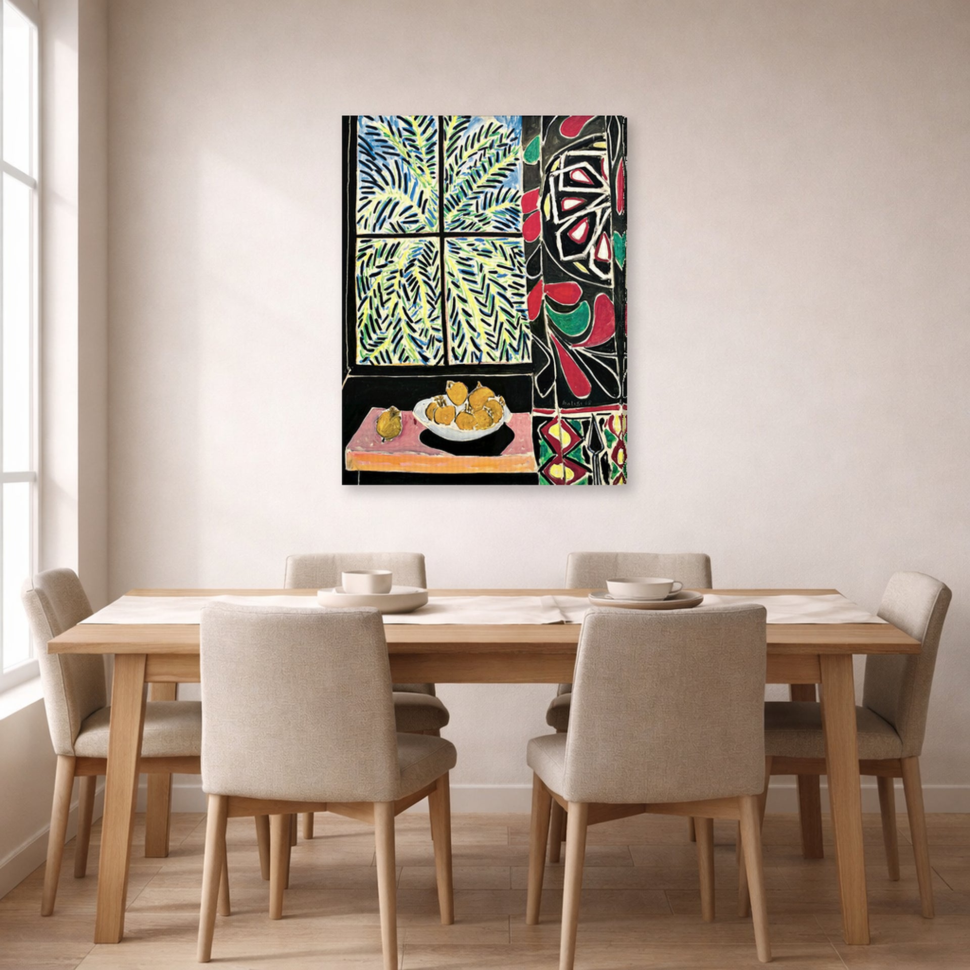 Gallery-wrapped canvas print of Henri Matisse's Interior with an Egyptian Curtain hanging on a dining room wall