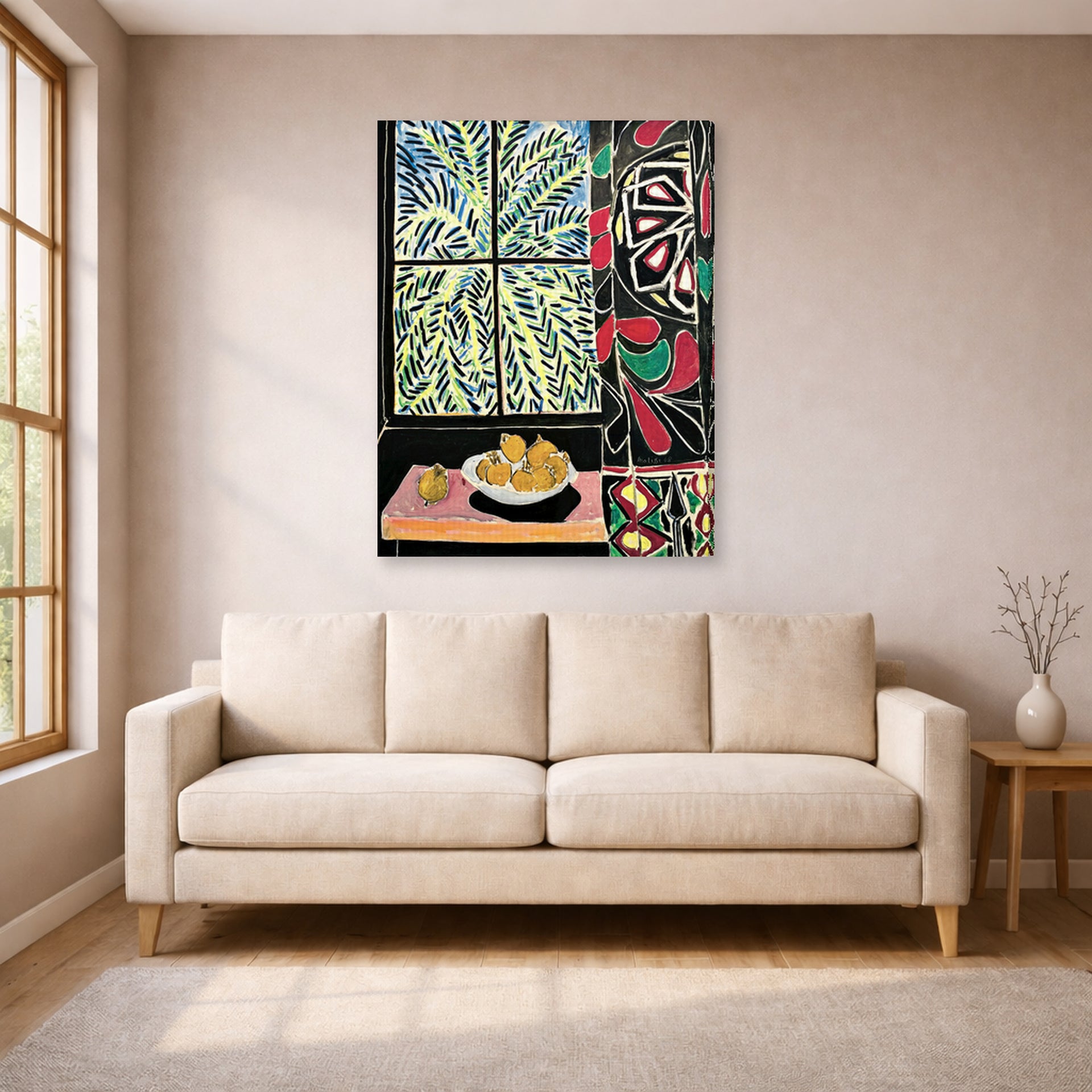 Gallery-wrapped canvas print of Henri Matisse's Interior with an Egyptian Curtain hanging in a living room, view 1