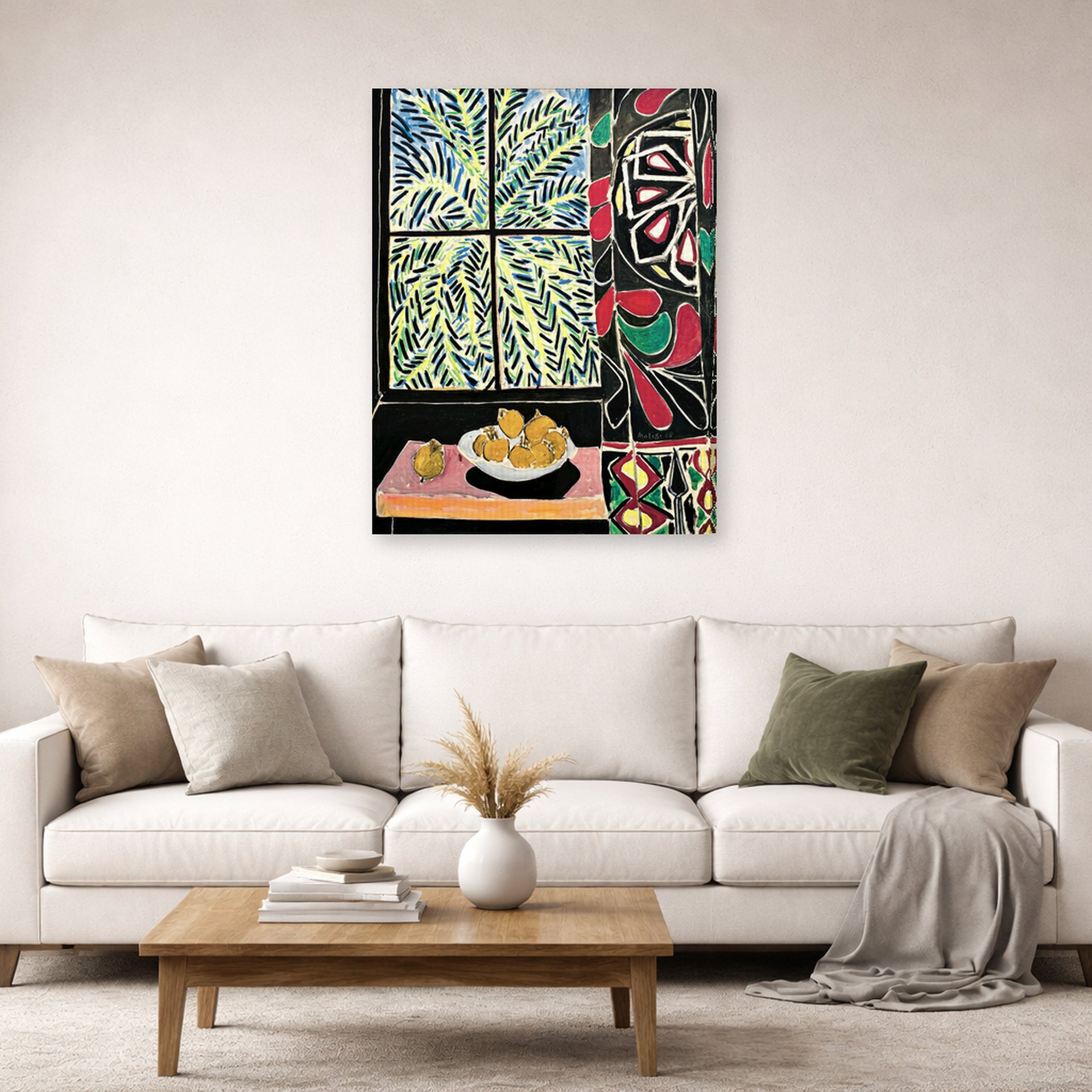 Gallery-wrapped canvas print of Henri Matisse's Interior with an Egyptian Curtain hanging in a living room, view 2