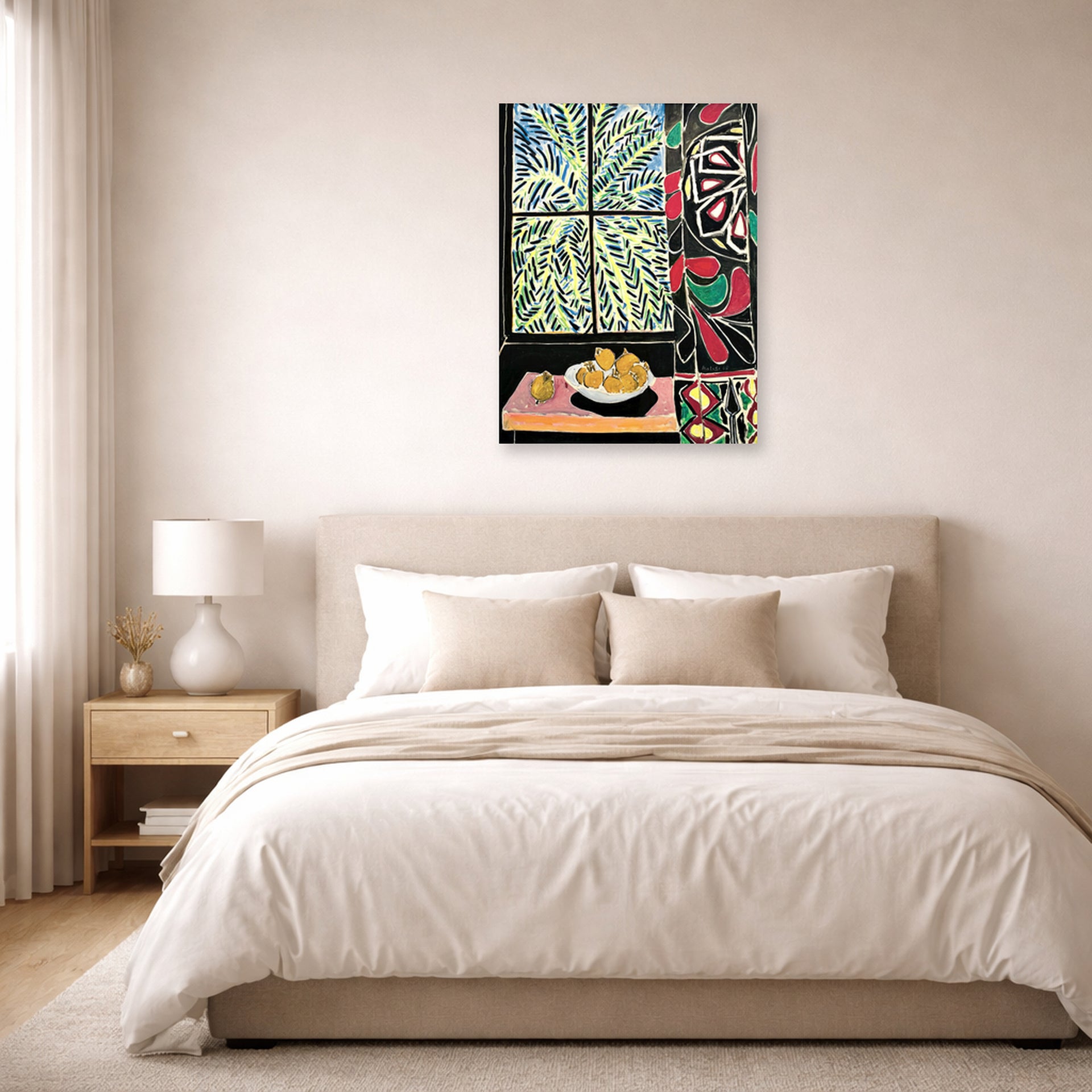 Unframed poster print of Henri Matisse's Interior with an Egyptian Curtain displayed above a bed in a bedroom