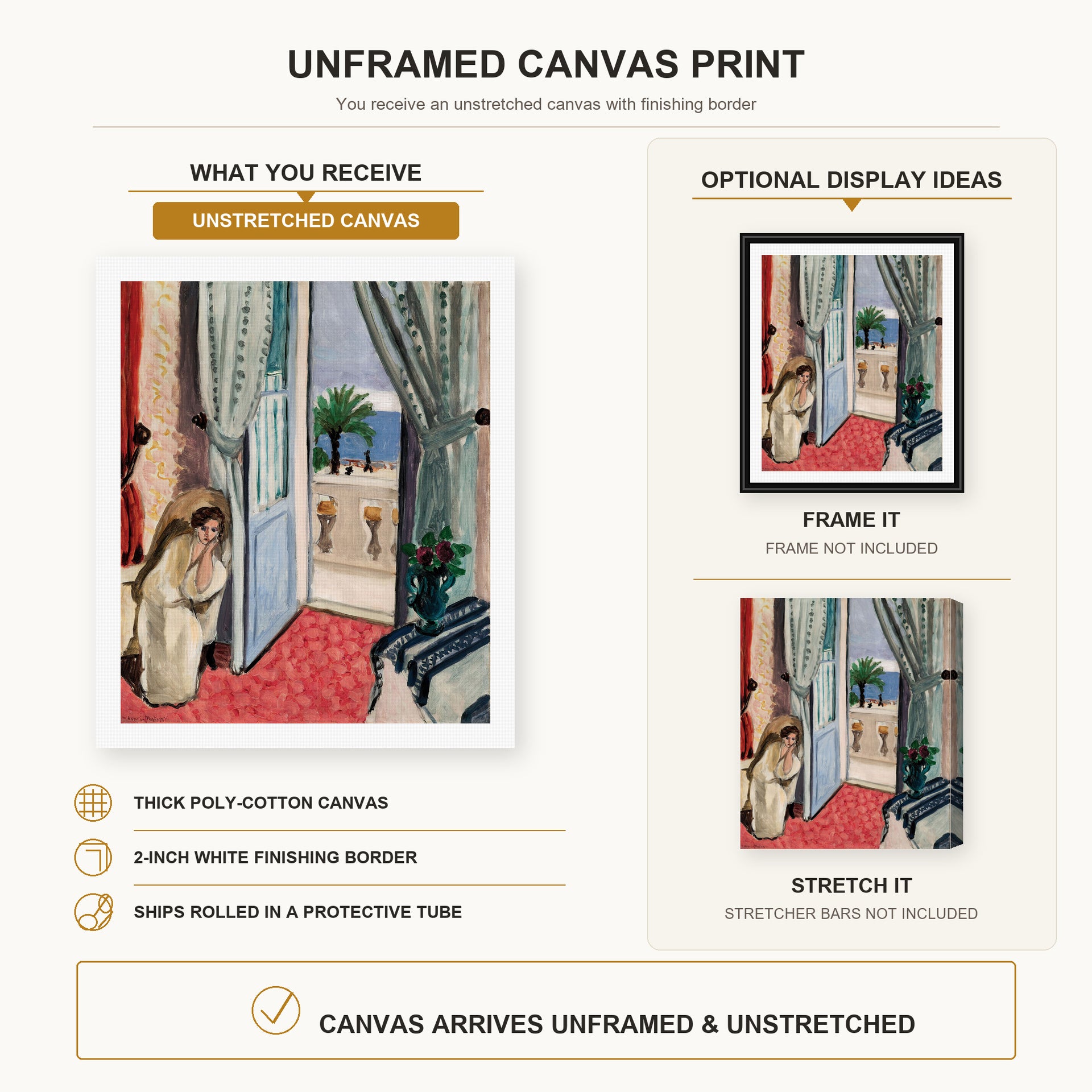 Henri Matisse - Interior at Nice Room at the Hotel Mediterranee canvas print size comparison and framing display infographic