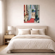 Gallery-wrapped canvas print of Henri Matisse's Interior at Nice Room at the Hotel Mediterranee hanging above a bed in a bedroom