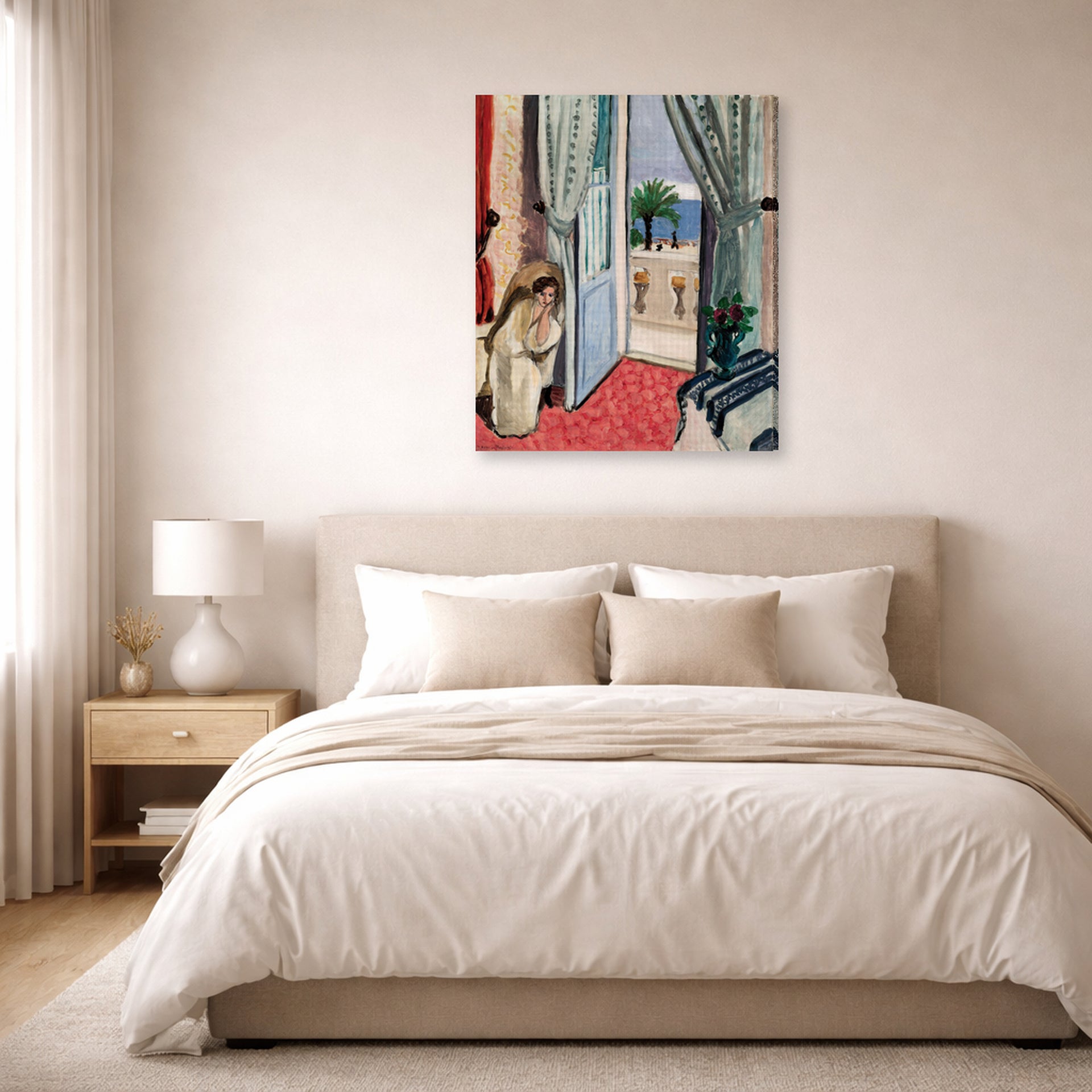 Gallery-wrapped canvas print of Henri Matisse's Interior at Nice Room at the Hotel Mediterranee hanging above a bed in a bedroom