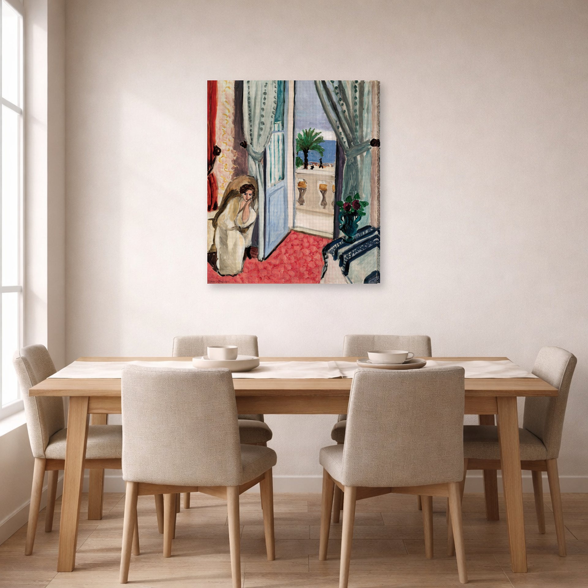 Gallery-wrapped canvas print of Henri Matisse's Interior at Nice Room at the Hotel Mediterranee hanging on a dining room wall