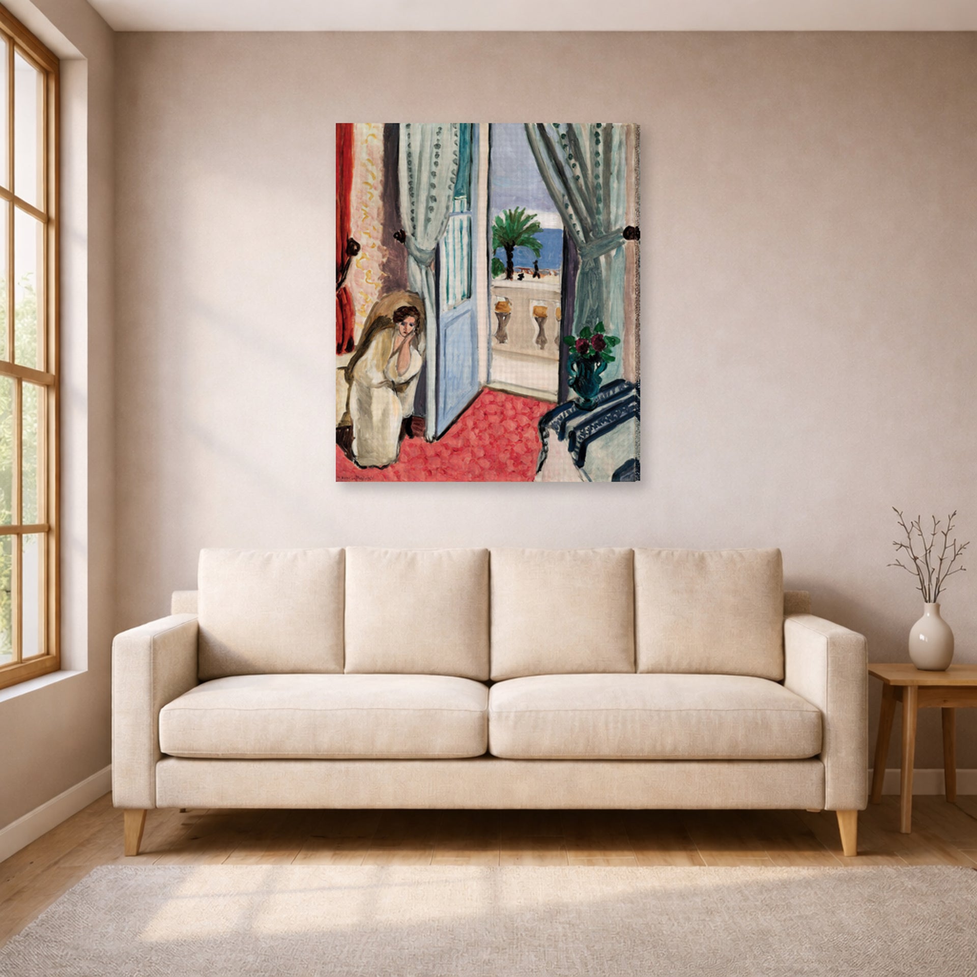 Gallery-wrapped canvas print of Henri Matisse's Interior at Nice Room at the Hotel Mediterranee hanging in a living room, view 1