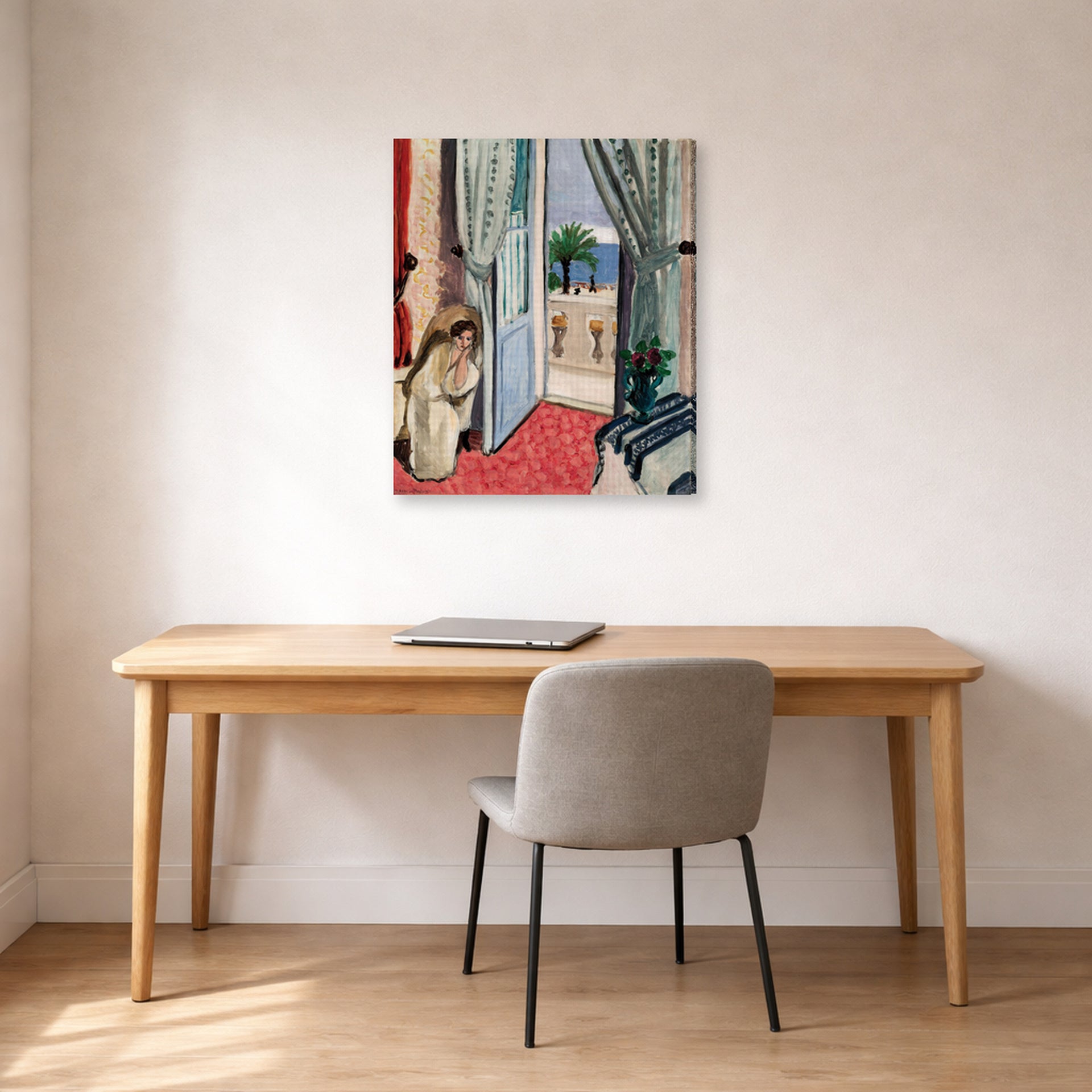 Gallery-wrapped canvas print of Henri Matisse's Interior at Nice Room at the Hotel Mediterranee hanging in a home office