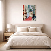 Unframed poster print of Henri Matisse's Interior at Nice Room at the Hotel Mediterranee displayed above a bed in a bedroom