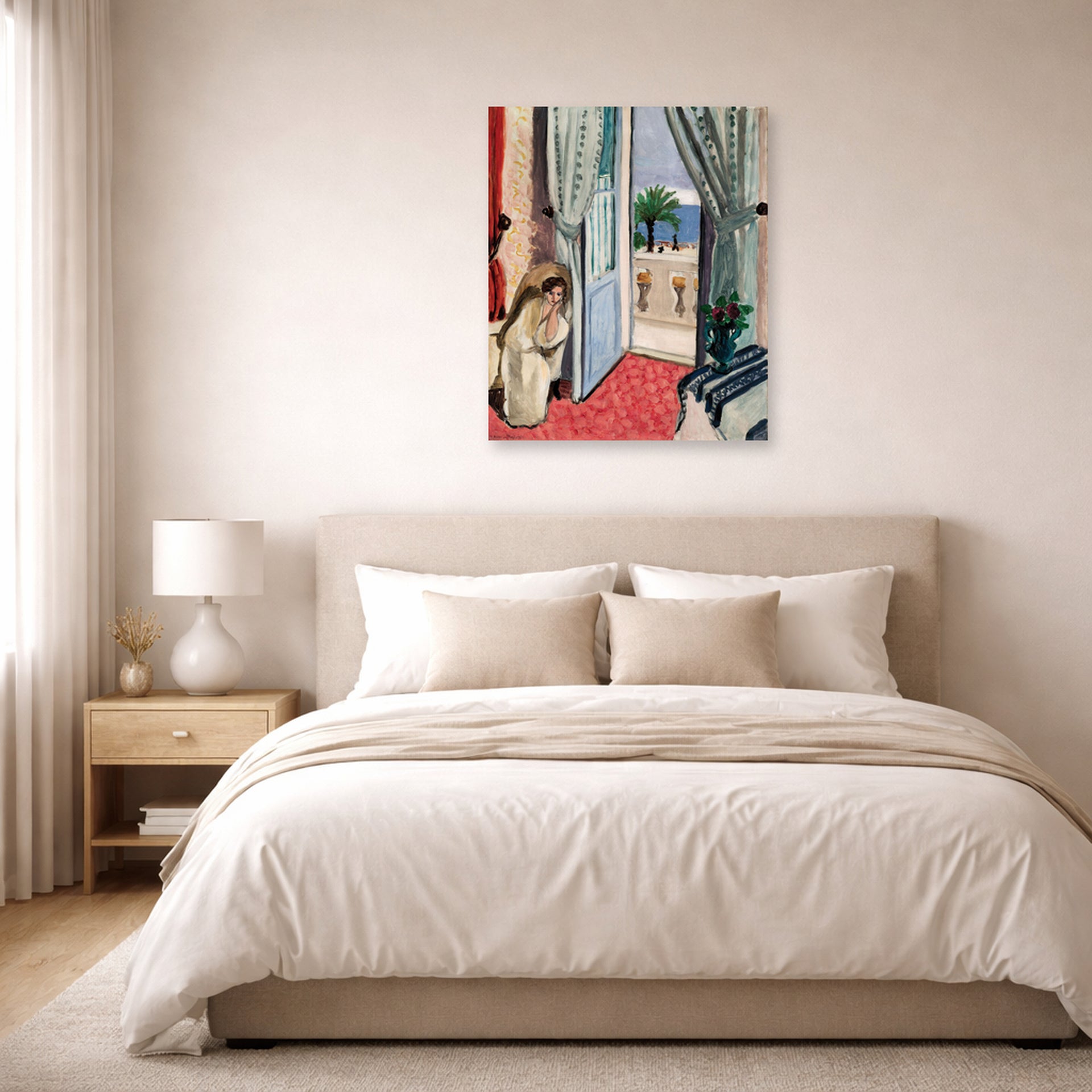 Unframed poster print of Henri Matisse's Interior at Nice Room at the Hotel Mediterranee displayed above a bed in a bedroom