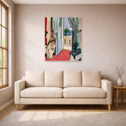 Unframed poster print of Henri Matisse's Interior at Nice Room at the Hotel Mediterranee displayed in a living room, view 1