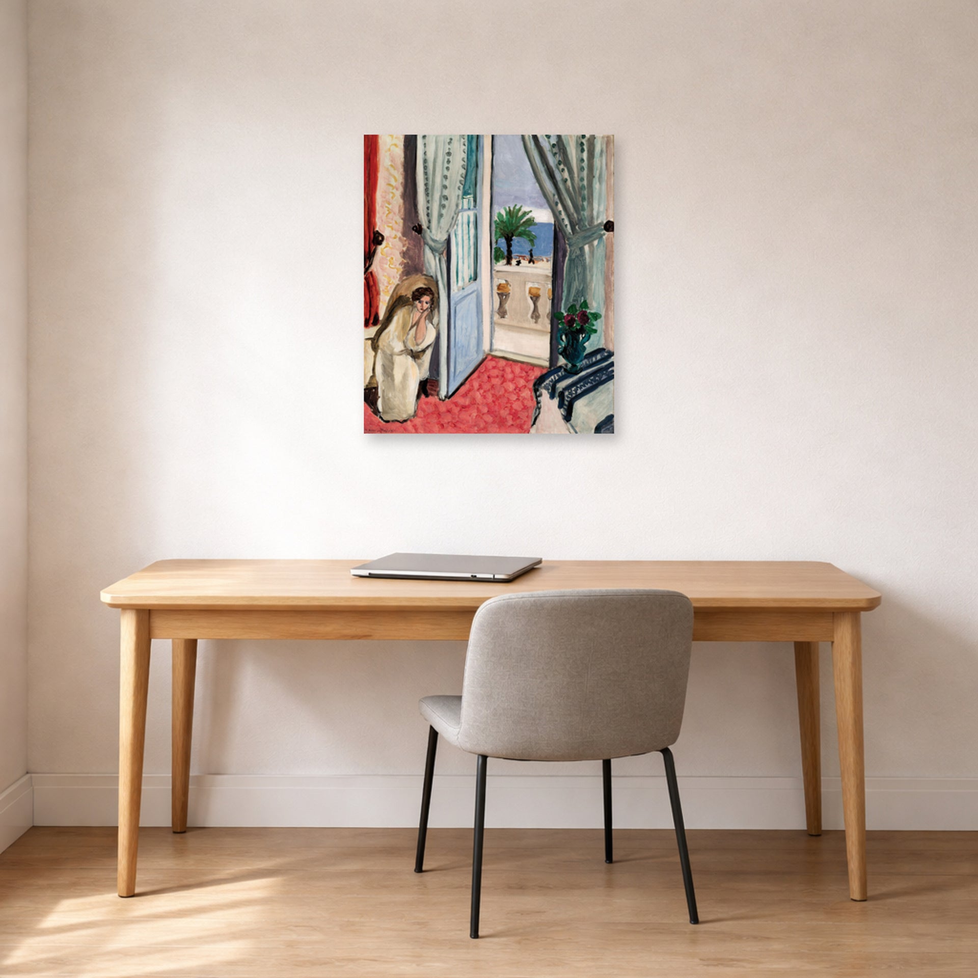 Unframed poster print of Henri Matisse's Interior at Nice Room at the Hotel Mediterranee displayed in a home office