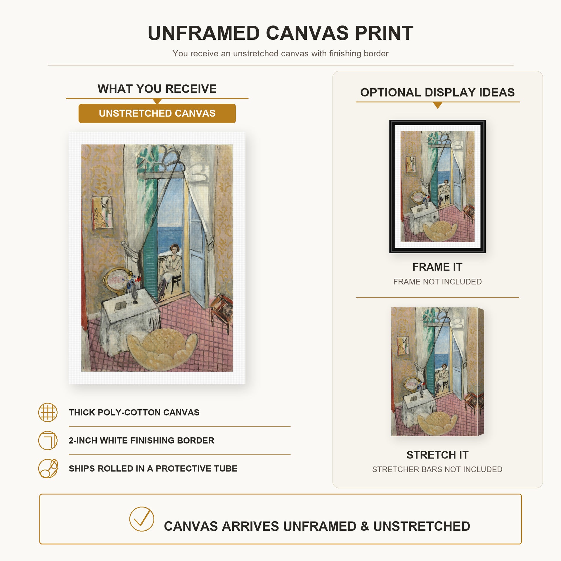 Henri Matisse - Interior at Nice canvas print size comparison and framing display infographic