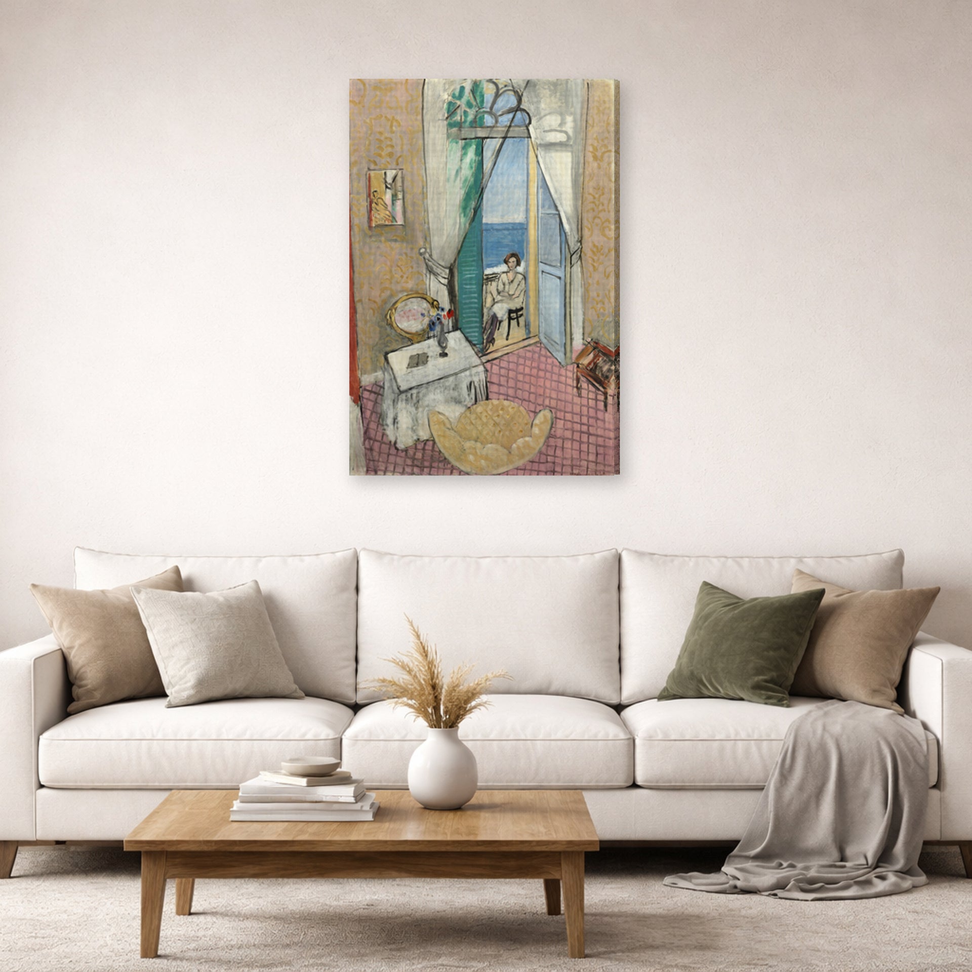 Gallery-wrapped canvas print of Henri Matisse's Interior at Nice hanging in a living room, view 2