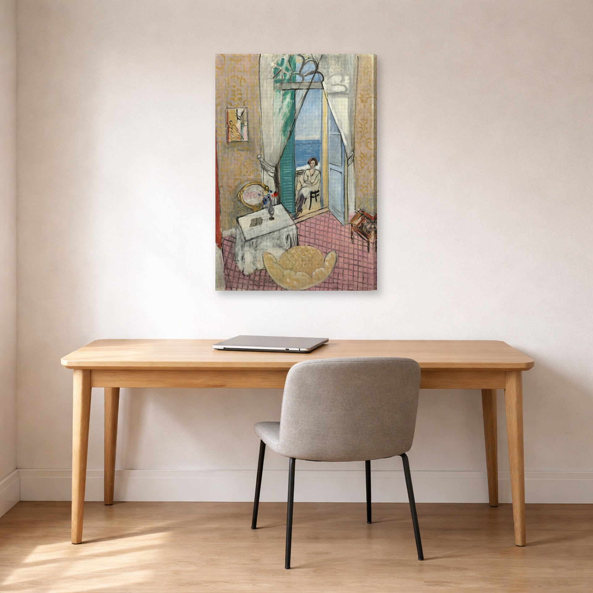 Gallery-wrapped canvas print of Henri Matisse's Interior at Nice hanging in a home office