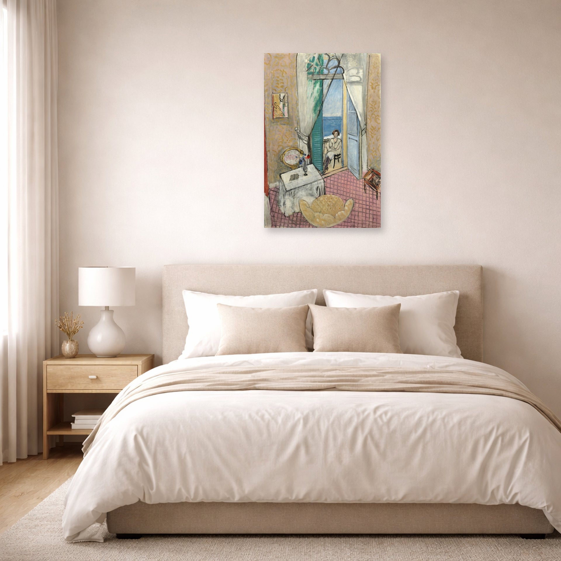 Unframed poster print of Henri Matisse's Interior at Nice displayed above a bed in a bedroom