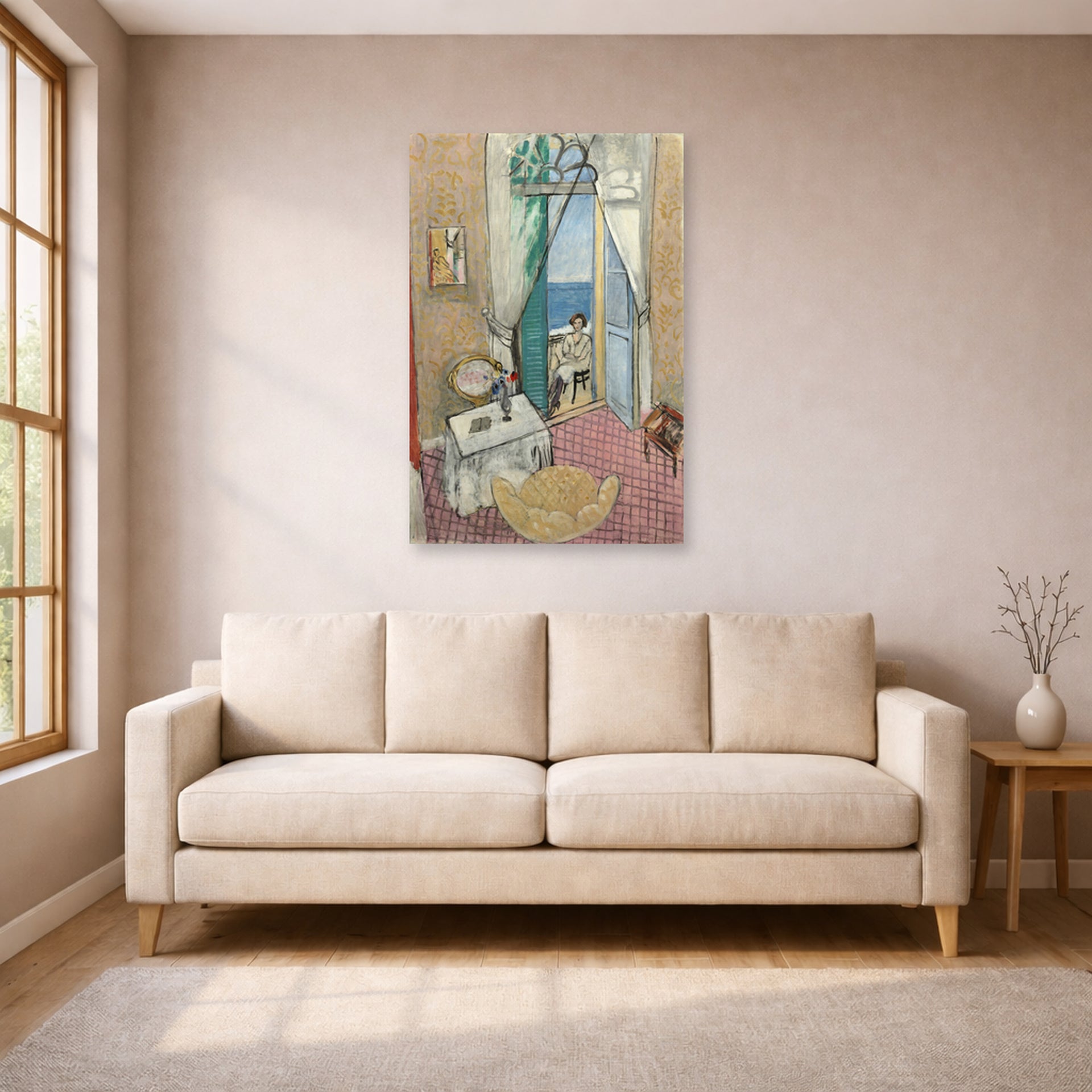 Unframed poster print of Henri Matisse's Interior at Nice displayed in a living room, view 1